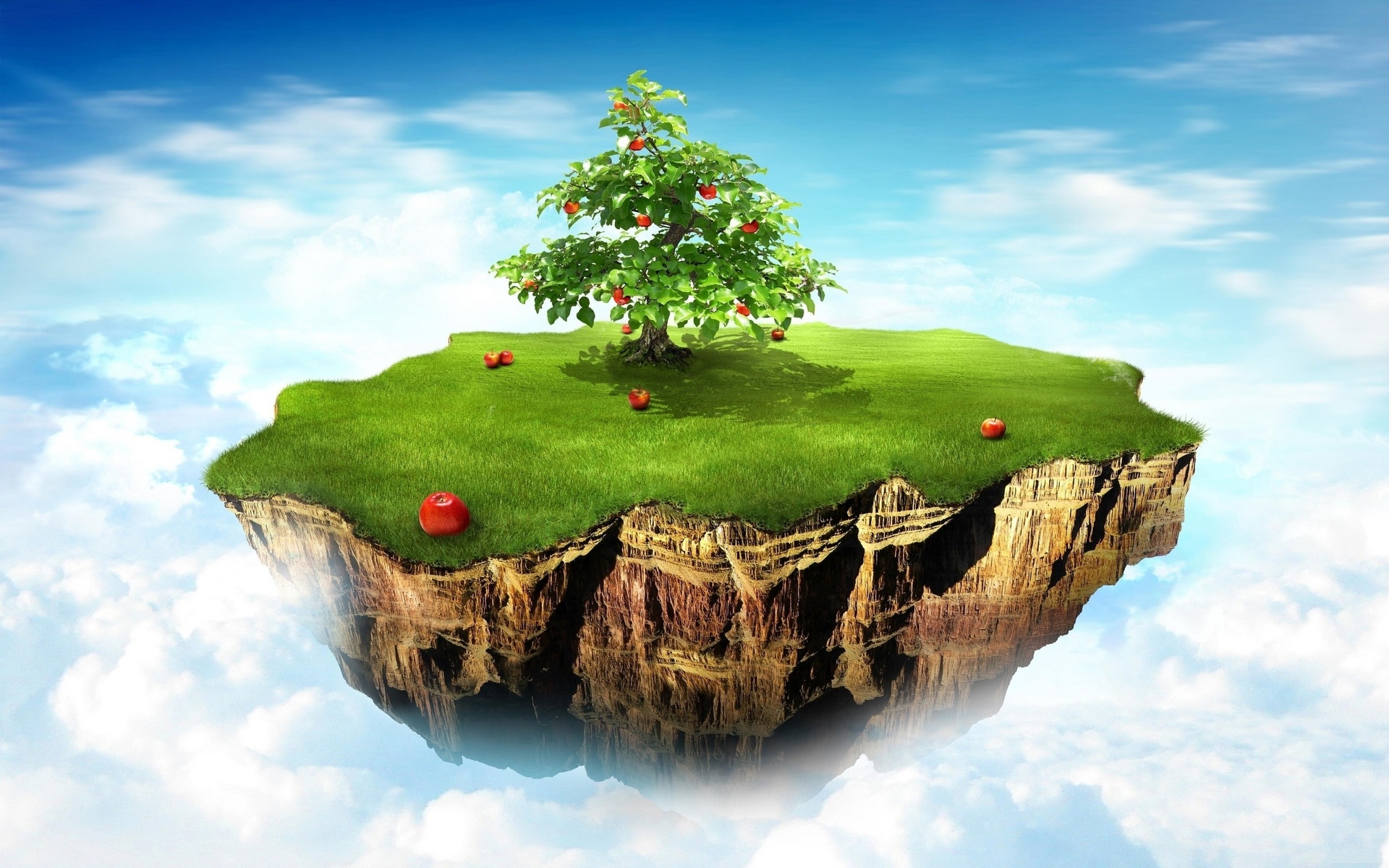 Download mobile wallpaper Grass, Sky, Tree, Island, Artistic, Cloud, Floating Island for free.