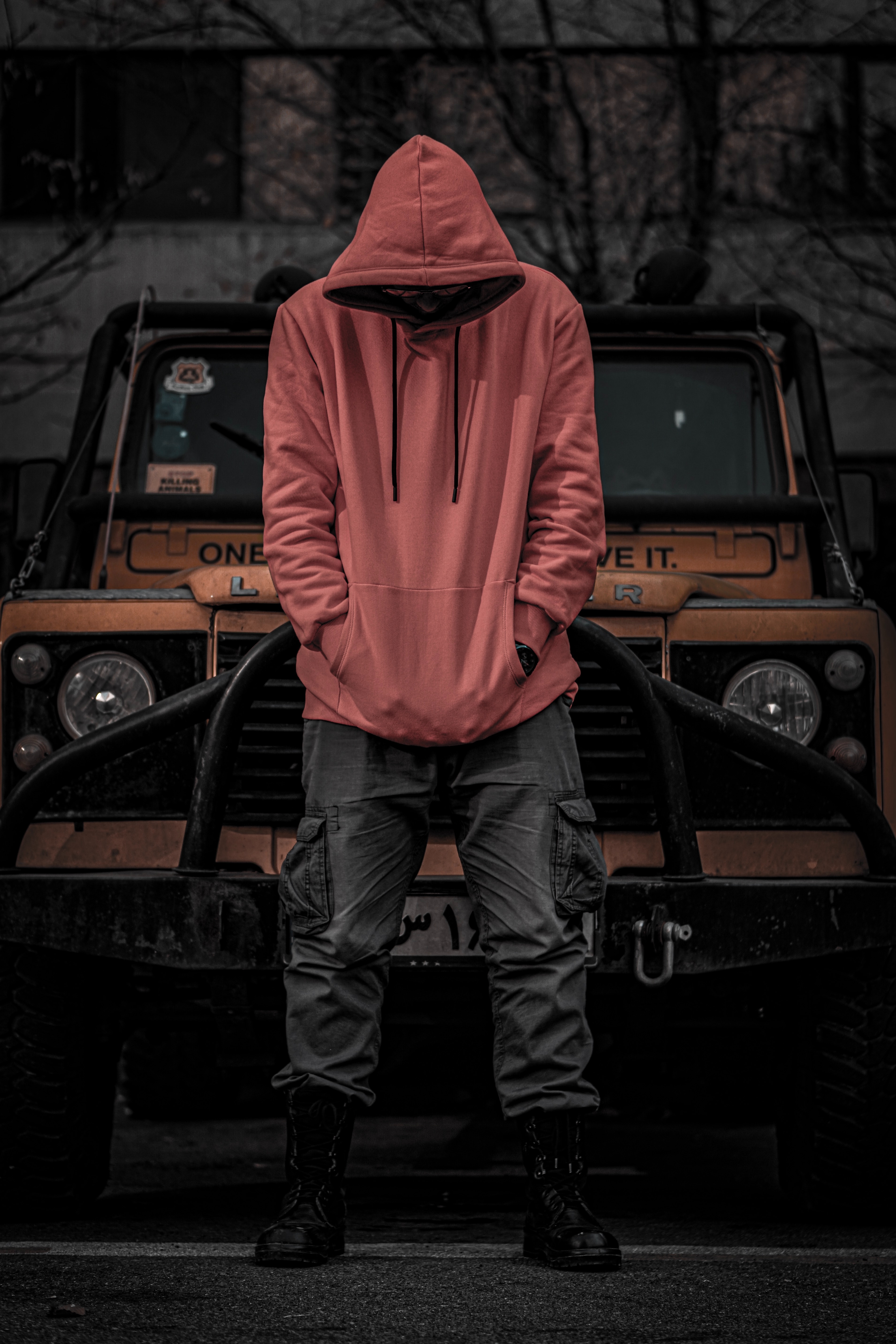 car, human, hoodies, machine, miscellanea, hood, miscellaneous, jeep, person, hoodie Free Stock Photo