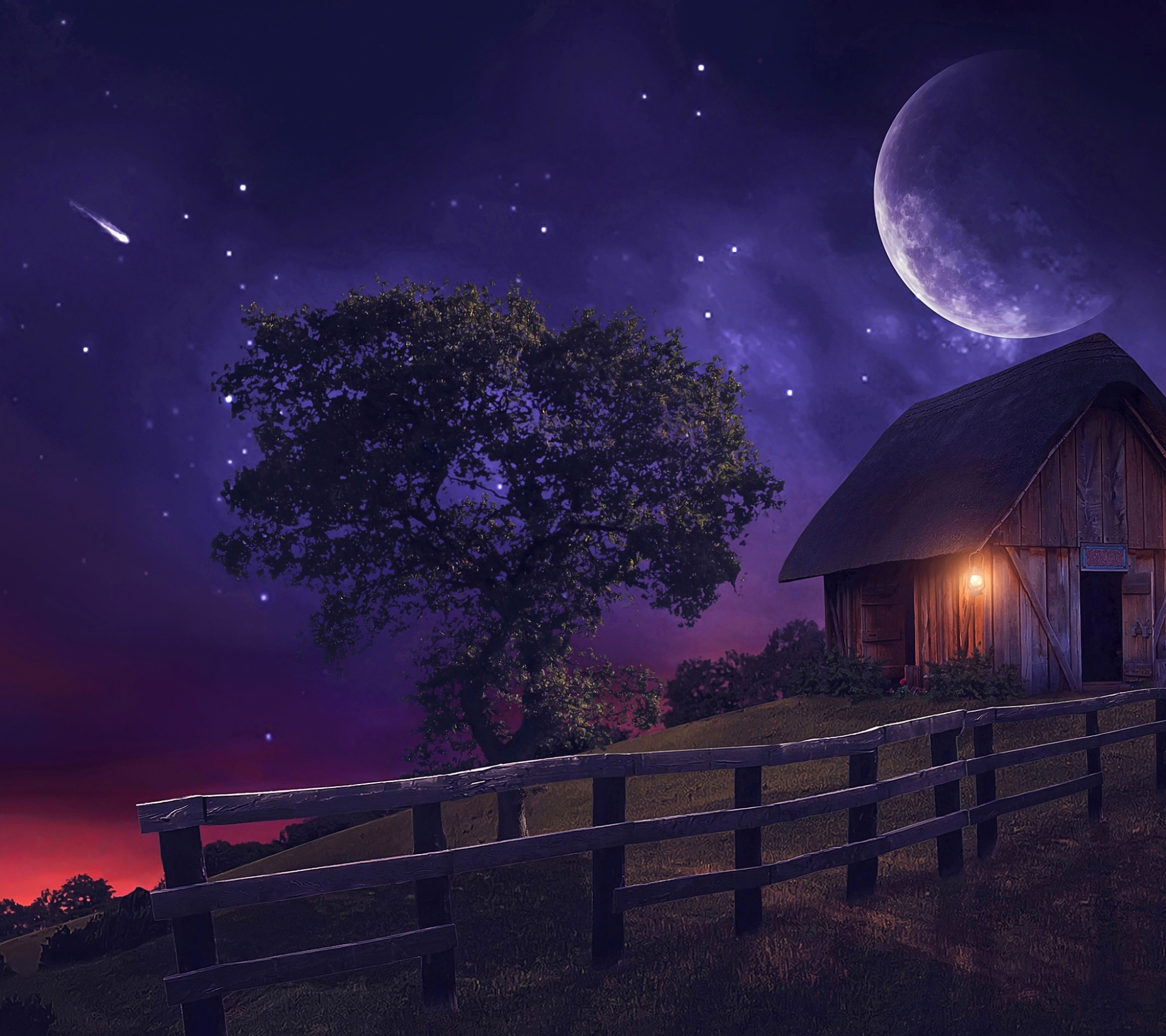 Download mobile wallpaper Fantasy, Stars, Moon, Tree, Fence, Artistic, Shed for free.
