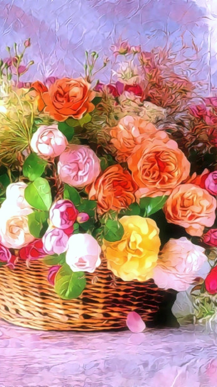 Download mobile wallpaper Flowers, Flower, Colors, Colorful, Basket, Painting, Artistic for free.