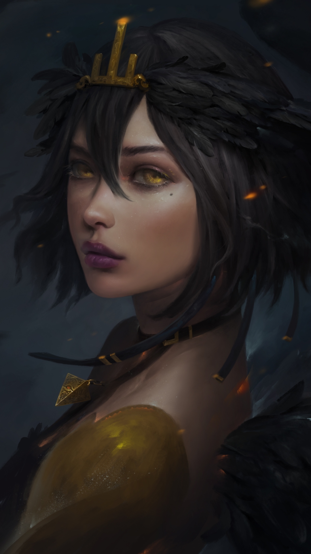 Download mobile wallpaper Fantasy, Angel, Yellow Eyes, Black Hair, Short Hair, Lipstick for free.