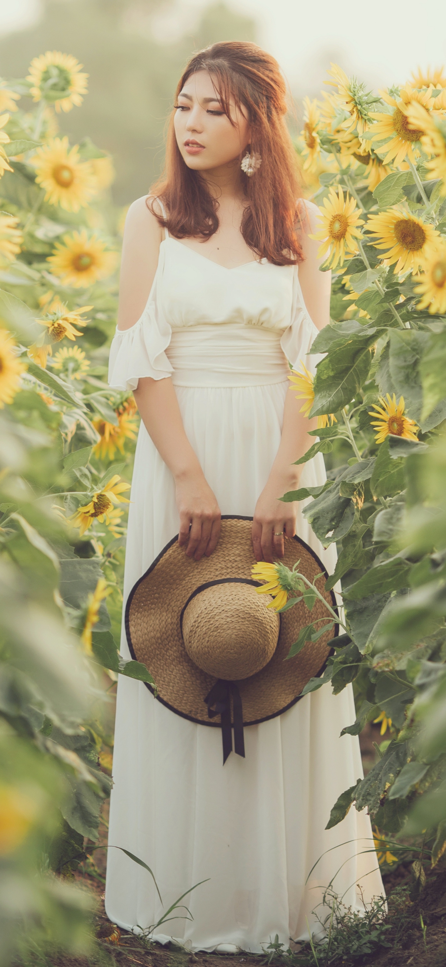 Download mobile wallpaper Summer, Sunflower, Hat, Model, Women, Yellow Flower, Asian, White Dress for free.