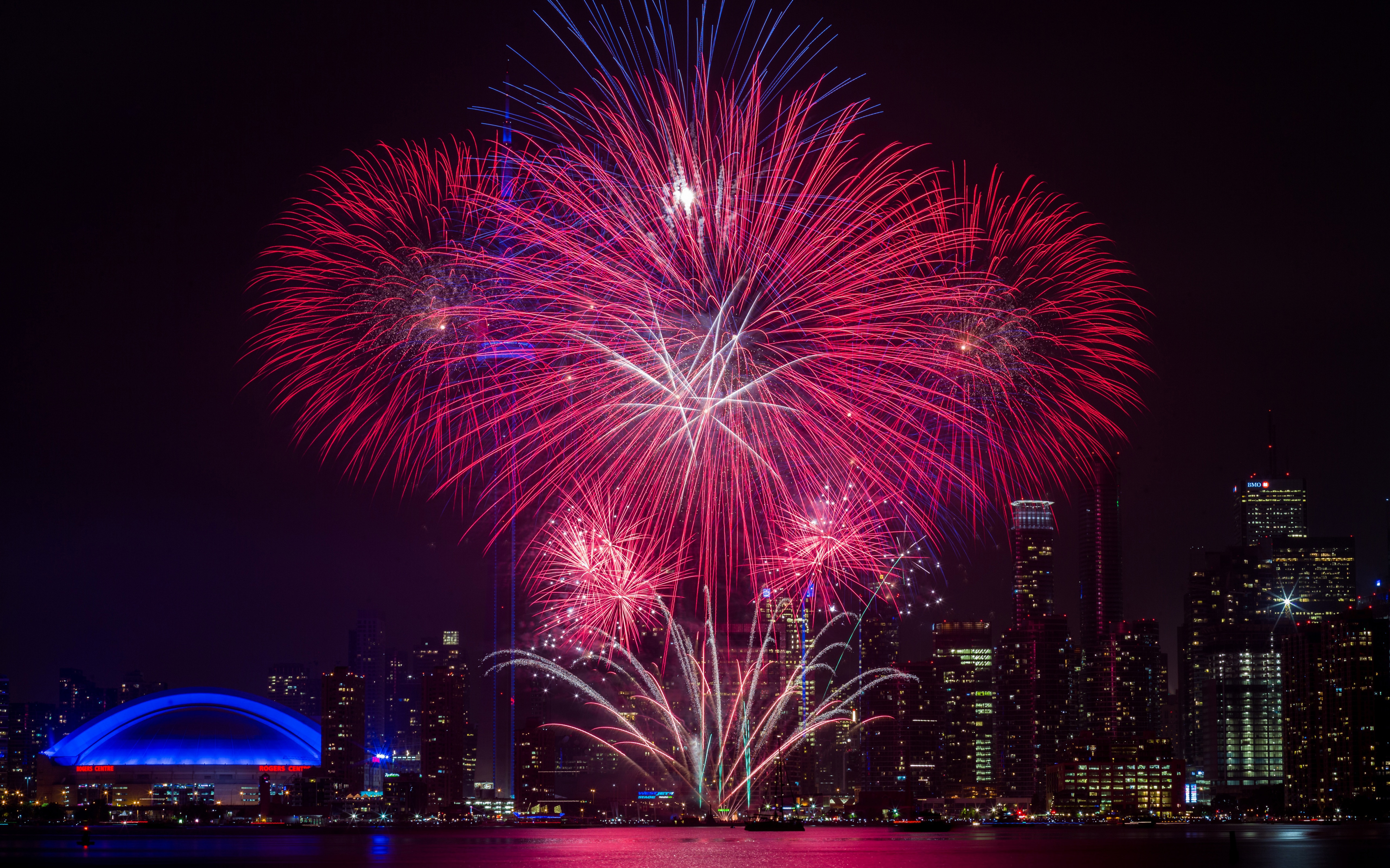 Download mobile wallpaper Night, City, Canada, Light, Fireworks, Photography, Toronto for free.