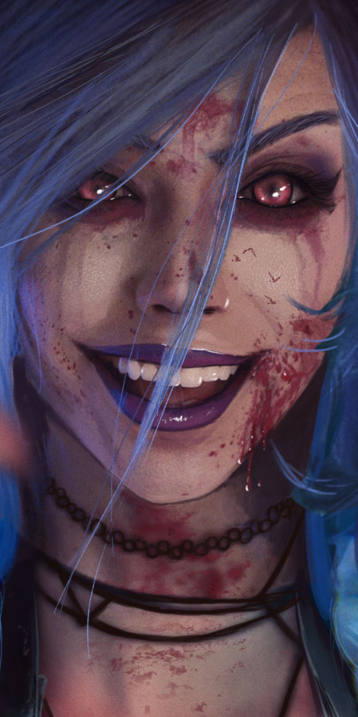 Baixar papel de parede para celular de League Of Legends, Sorriso, Cabelo Azul, Enfrentar, Videogame, Batom, Jinx (Liga Das Lendas) gratuito.