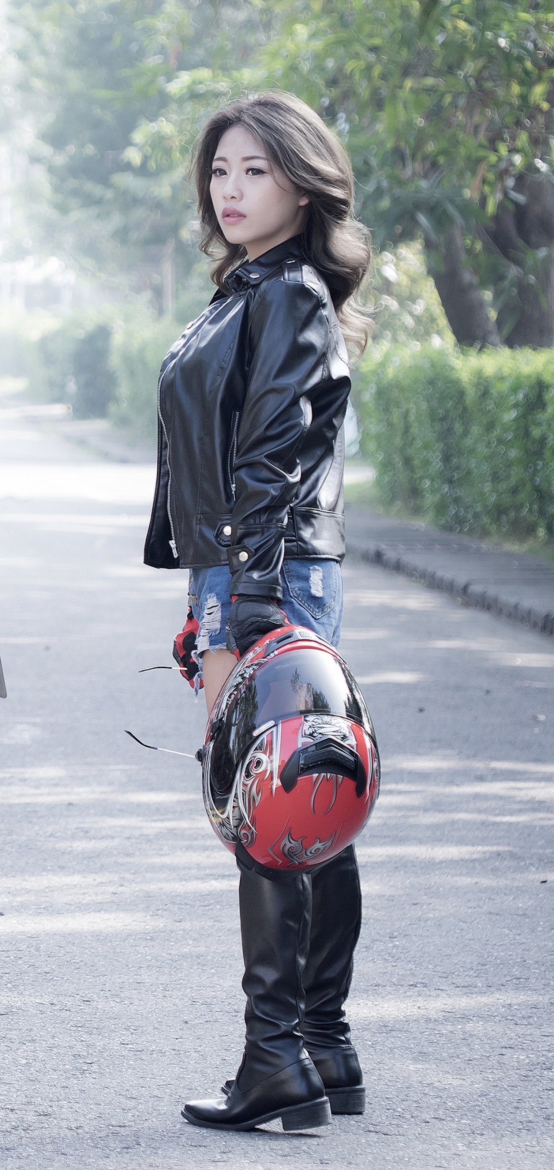 Download mobile wallpaper Brunette, Model, Women, Asian, Depth Of Field, Leather Jacket for free.