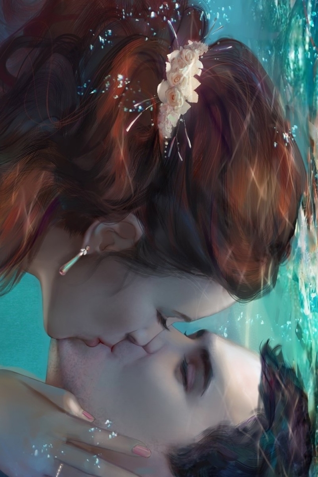 Download mobile wallpaper Fantasy, Love, Couple, Kiss, Underwater, Brown Hair for free.