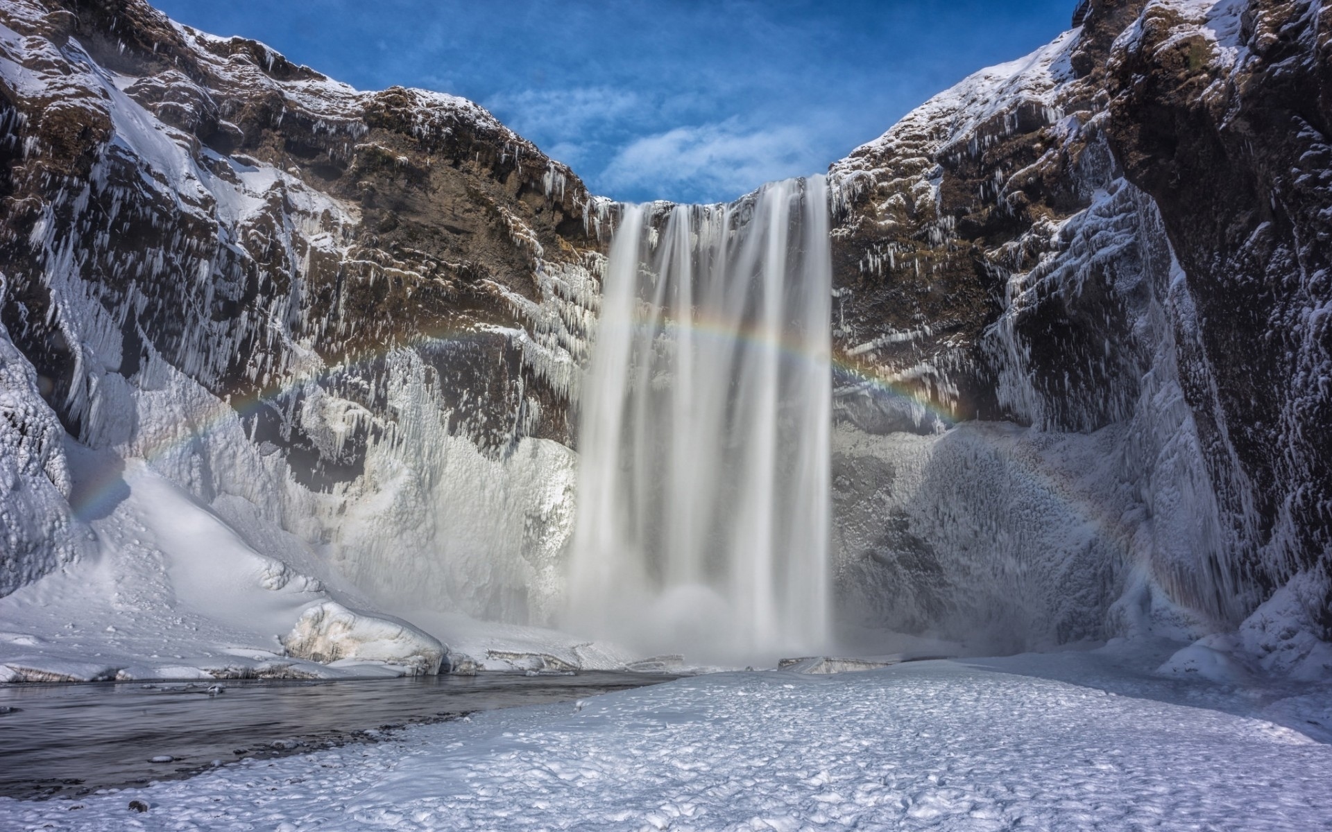 Free download wallpaper Winter, Nature, Water, Rainbow, Waterfall, Earth, Frozen, Cold on your PC desktop