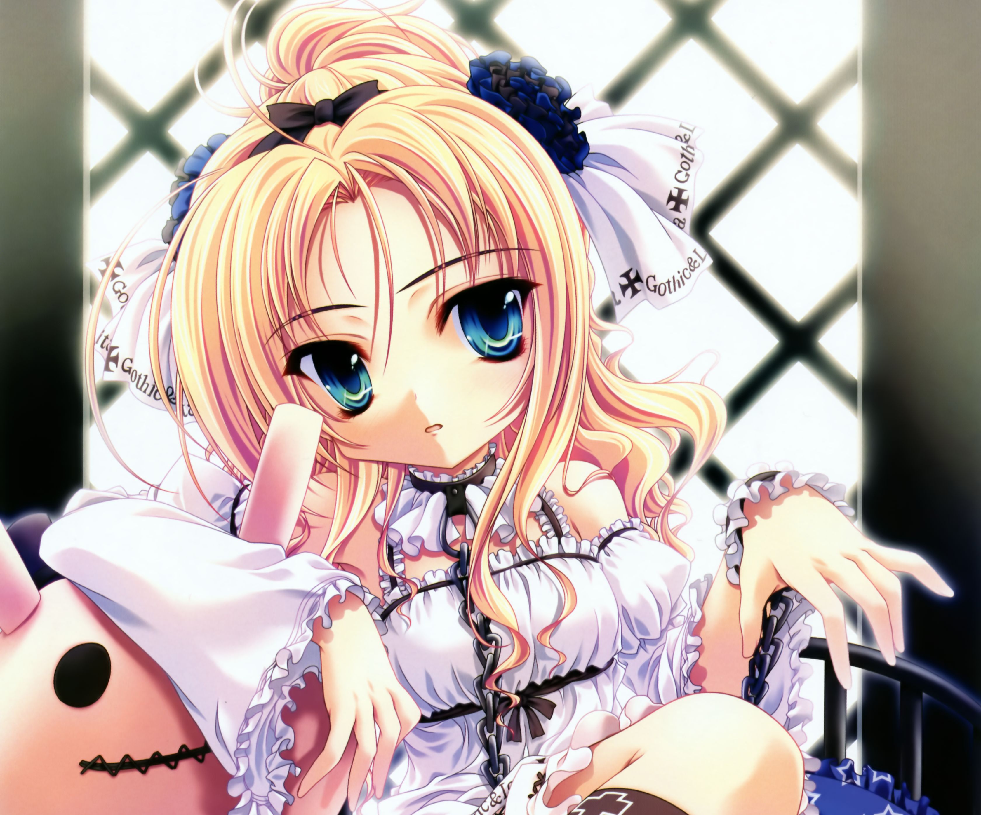 Free download wallpaper Anime, Blonde, Chain, Blue Eyes, Original, Long Hair, Bow (Clothing), Ponytail on your PC desktop