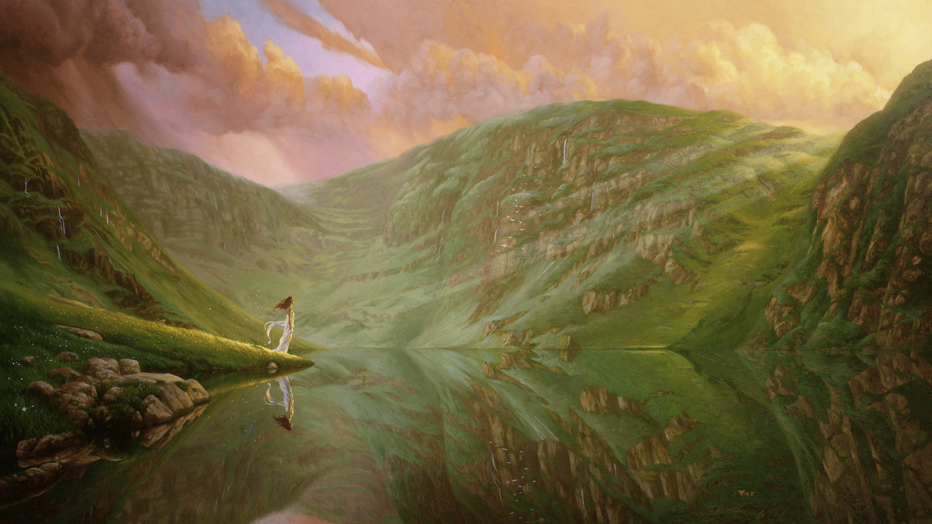 Download mobile wallpaper Landscape, Fantasy, Lake, Oil Painting for free.