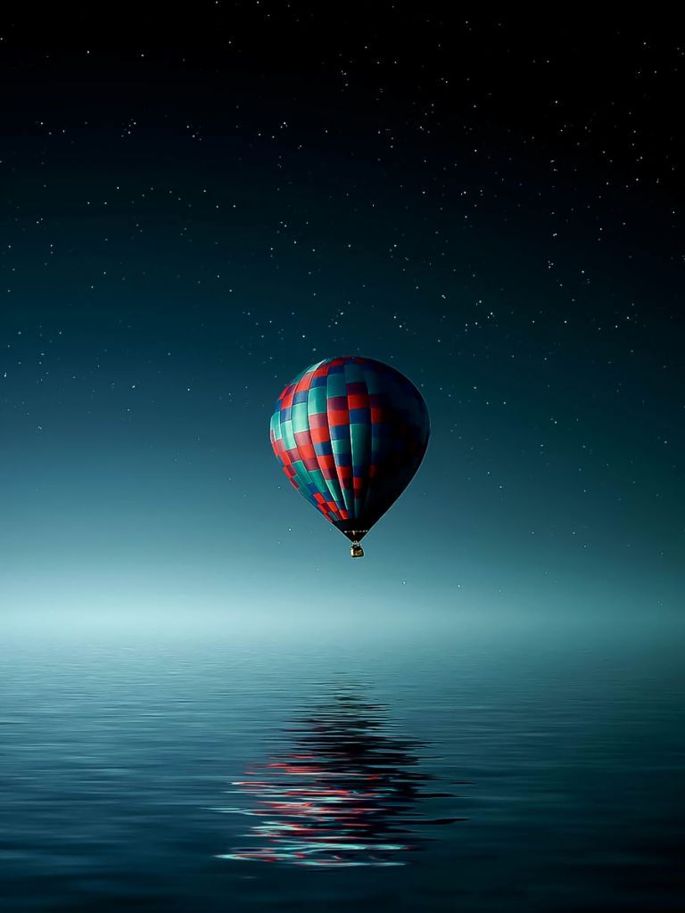 Download mobile wallpaper Sky, Stars, Night, Moon, Ocean, Vehicle, Vehicles, Hot Air Balloon for free.