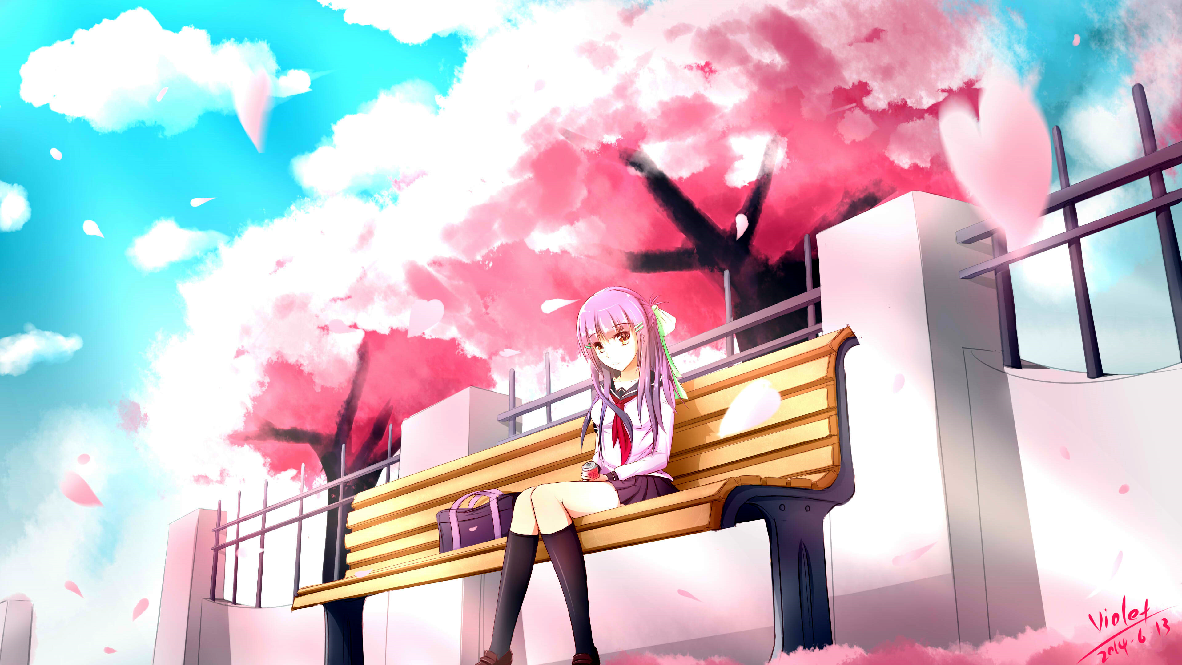 Laden Sie das Mädchen, Bank, Frühling, Animes, Sakura Blüte-Bild kostenlos auf Ihren PC-Desktop herunter