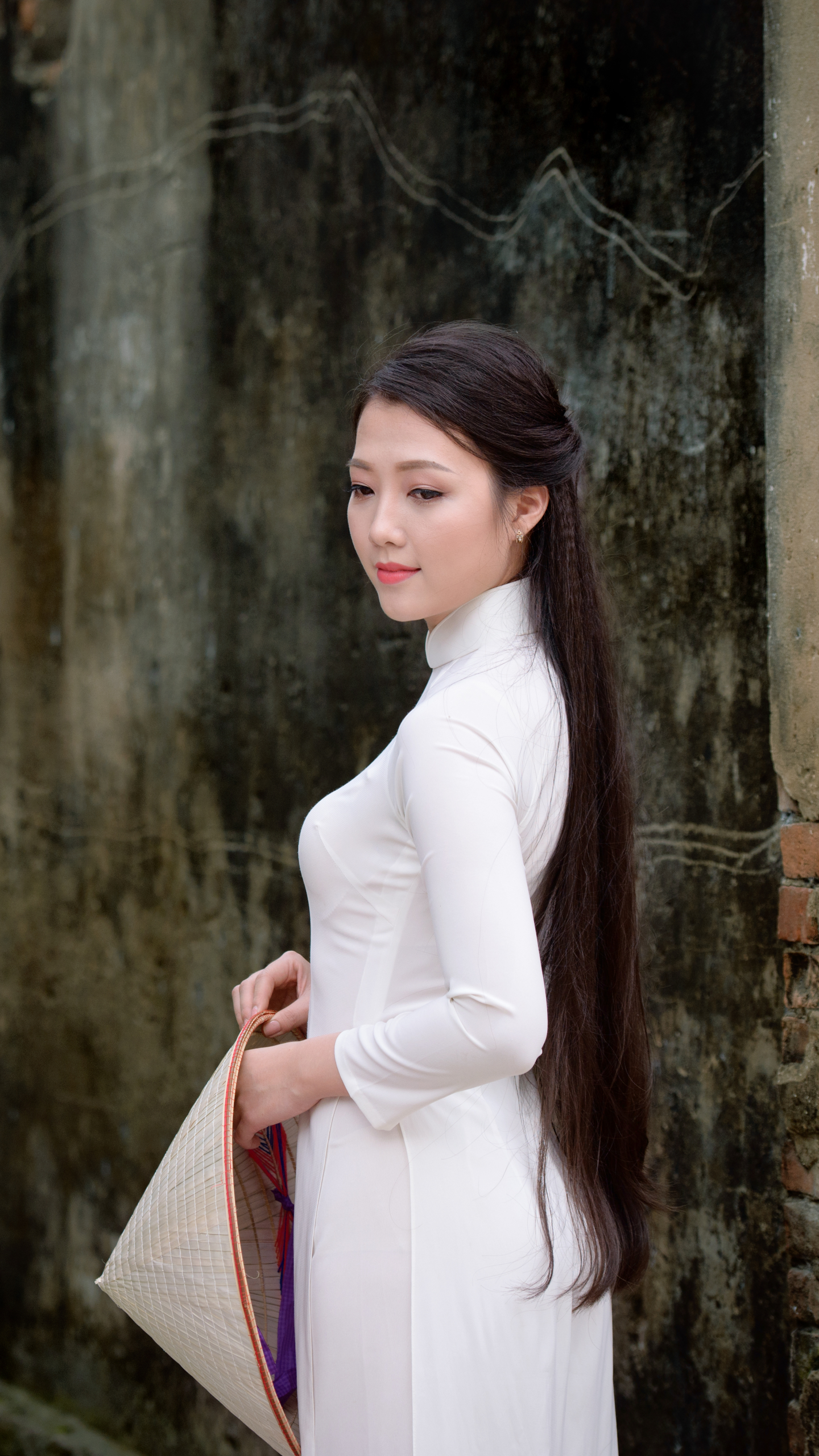 Handy-Wallpaper Haar, Modell, Frauen, Asiatinnen, Vietnamesisch, Ao Dai, Asiatischer Konischer Hut kostenlos herunterladen.