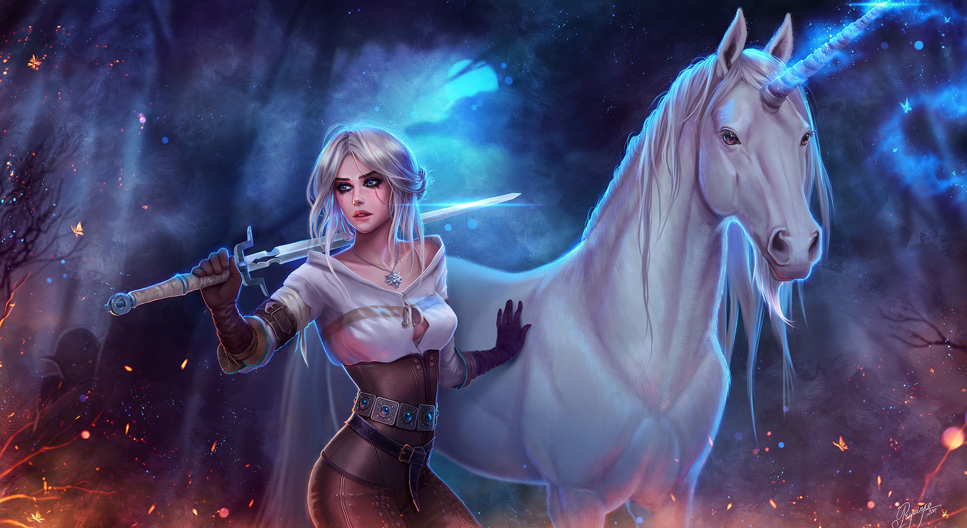 Free download wallpaper Night, Unicorn, Sword, Video Game, White Hair, Woman Warrior, The Witcher, The Witcher 3: Wild Hunt, Ciri (The Witcher) on your PC desktop