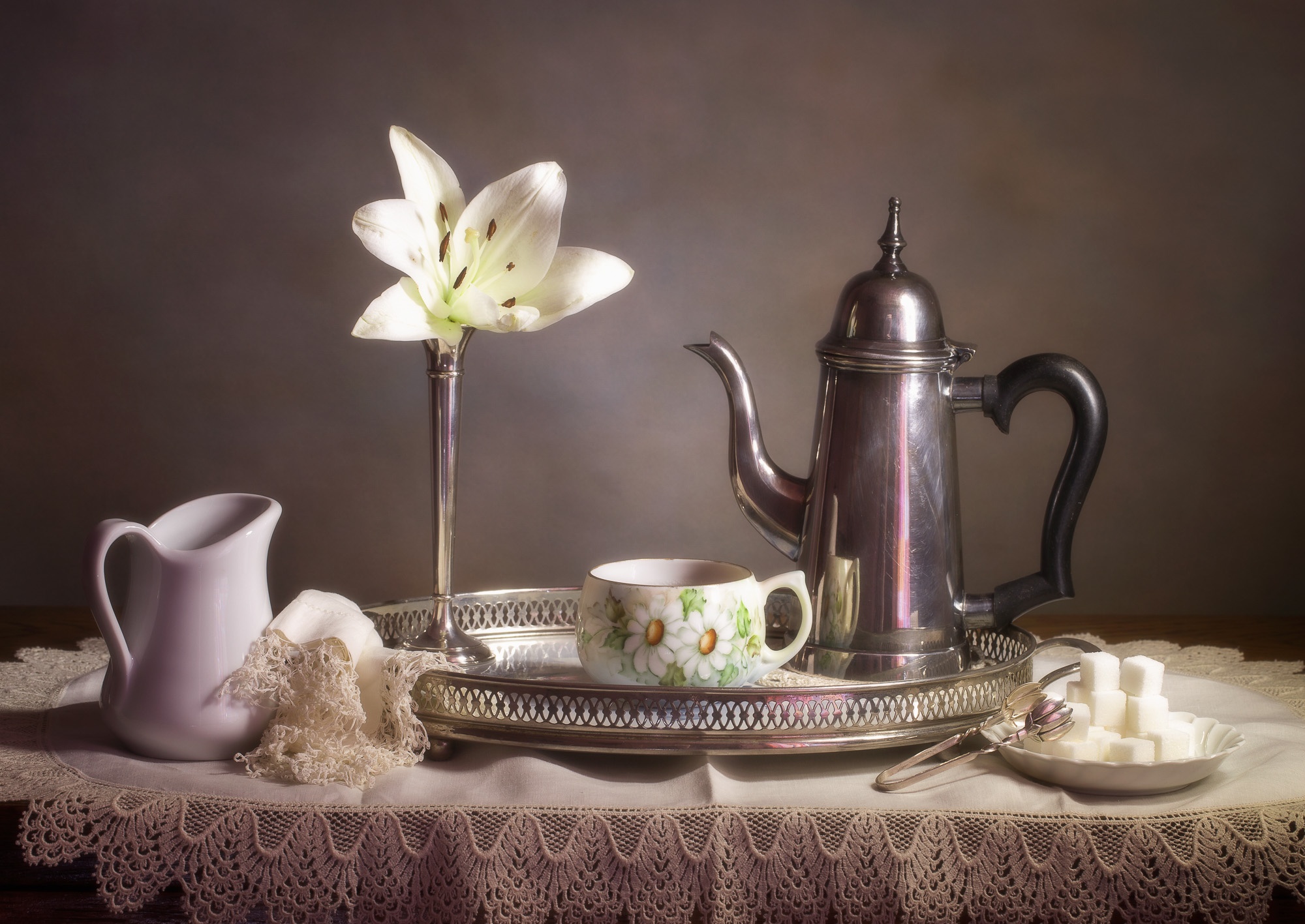Download mobile wallpaper Still Life, Cup, Lily, Photography, Sugar for free.