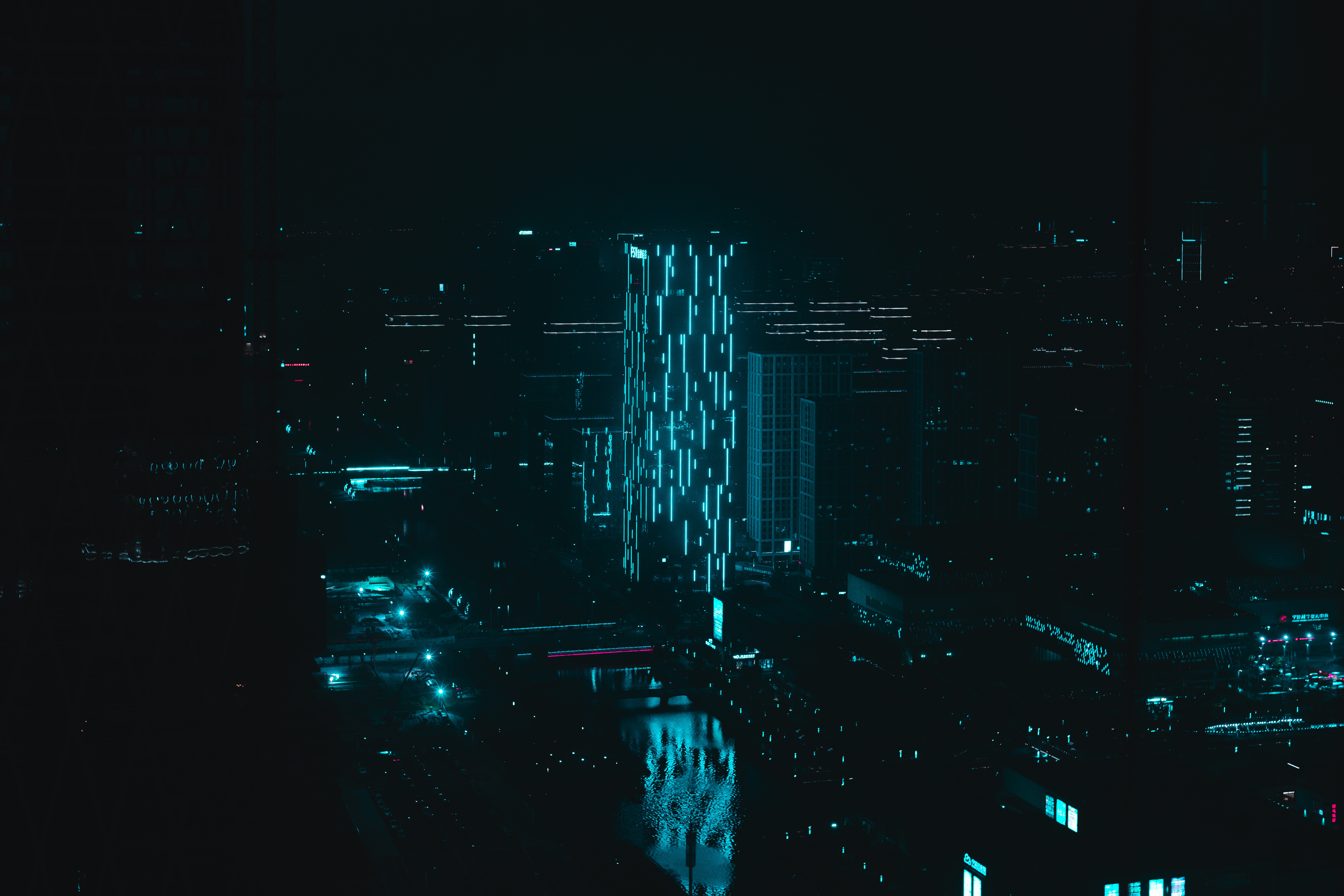 building, night city, neon, dark, blue, illumination, illuminations