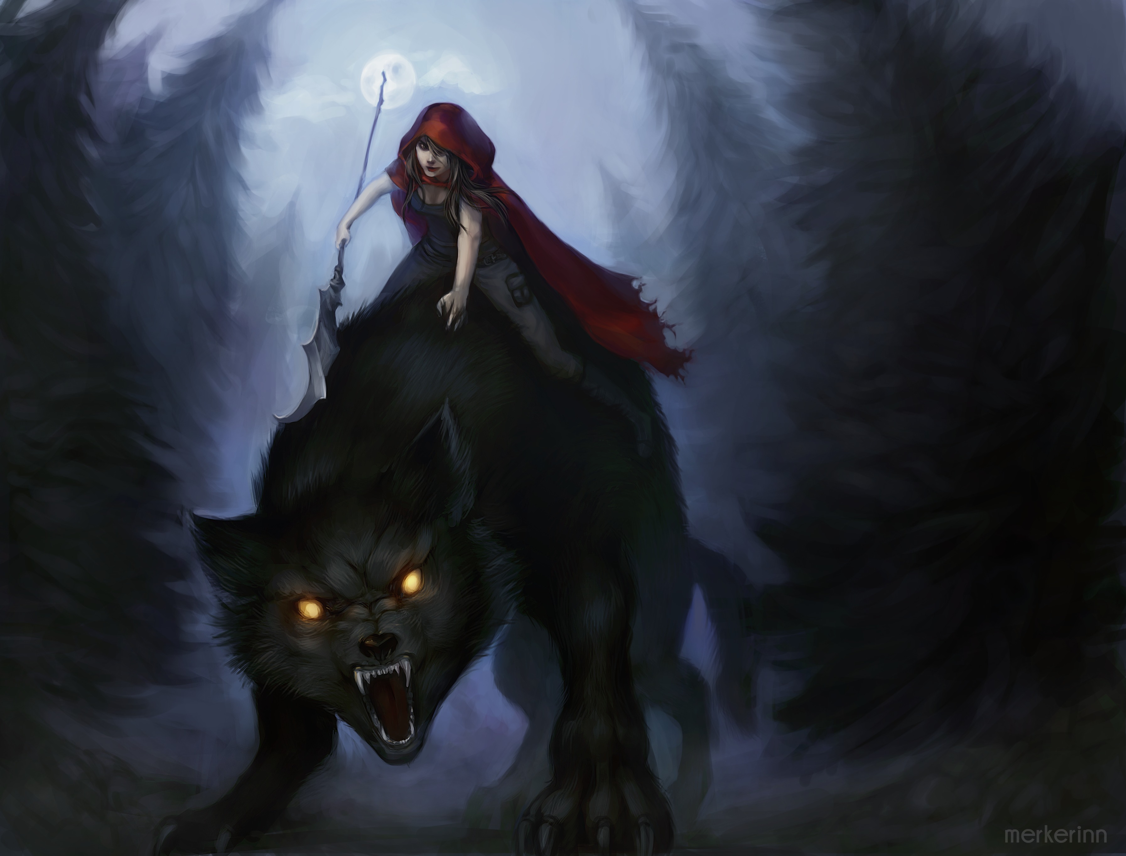 Download mobile wallpaper Fantasy, Night, Wolf, Spear, Red Riding Hood for free.