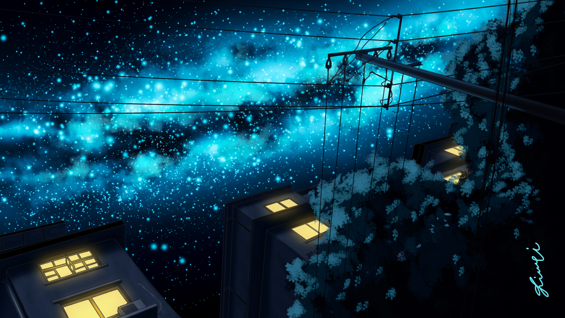 Free download wallpaper Anime, Night, Starry Sky, House on your PC desktop