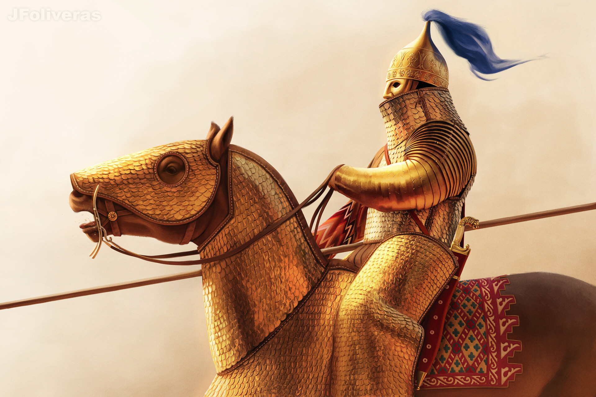 Free download wallpaper Fantasy, Warrior, Golden, Horse, Armor on your PC desktop