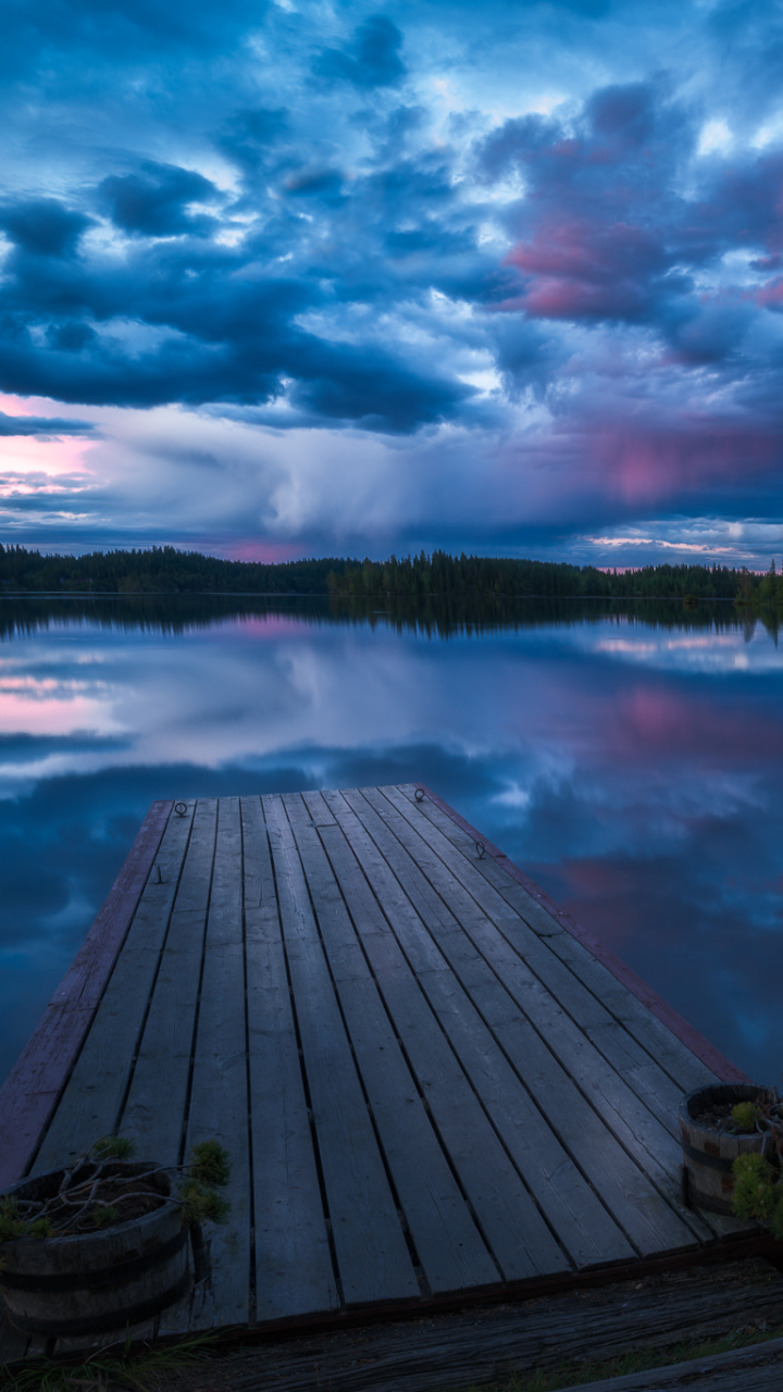 Download mobile wallpaper Landscape, Sunset, Lakes, Lake, Reflection, Pier, Norway, Cloud, Photography for free.