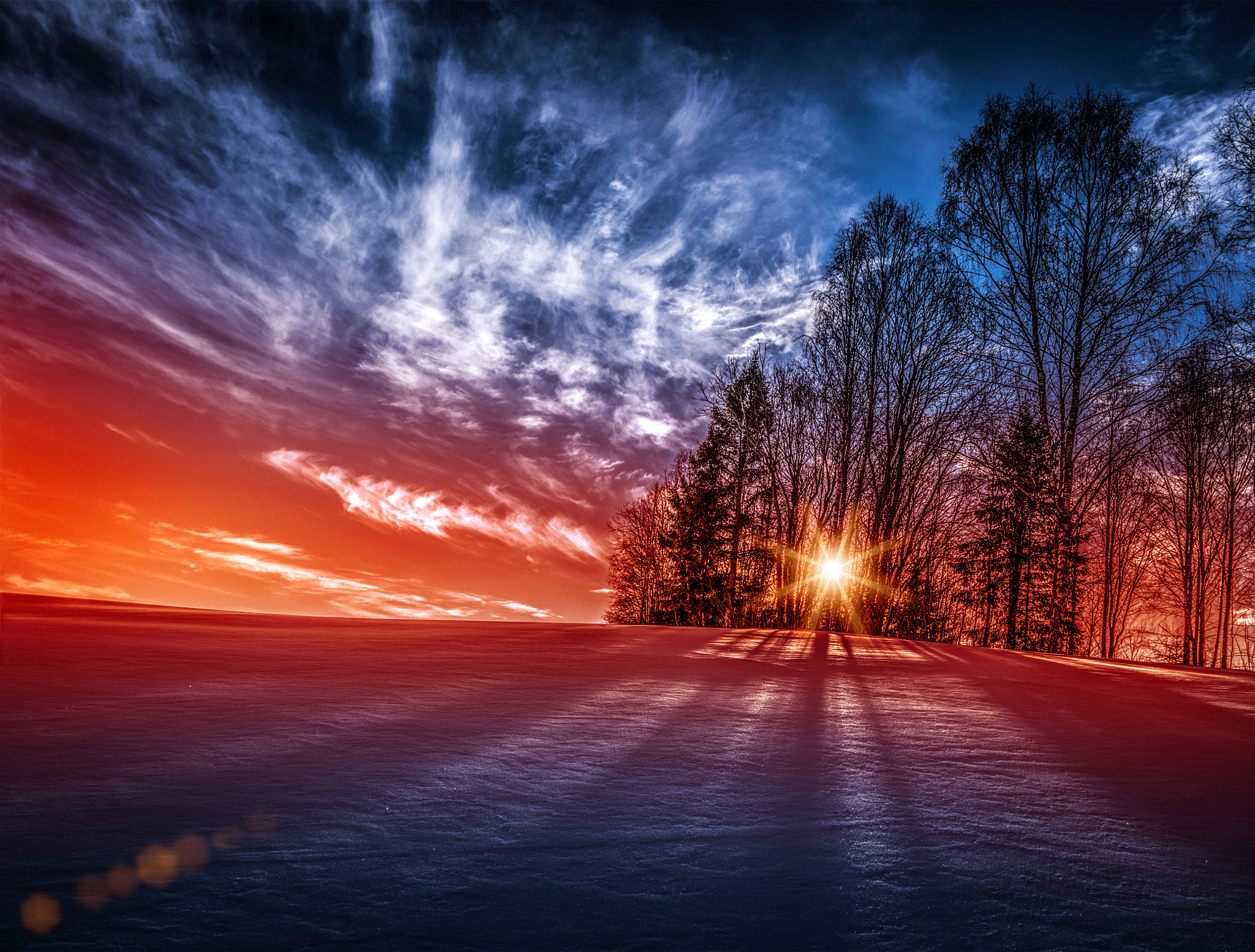 Download mobile wallpaper Winter, Sunset, Snow, Forest, Tree, Earth, Field for free.