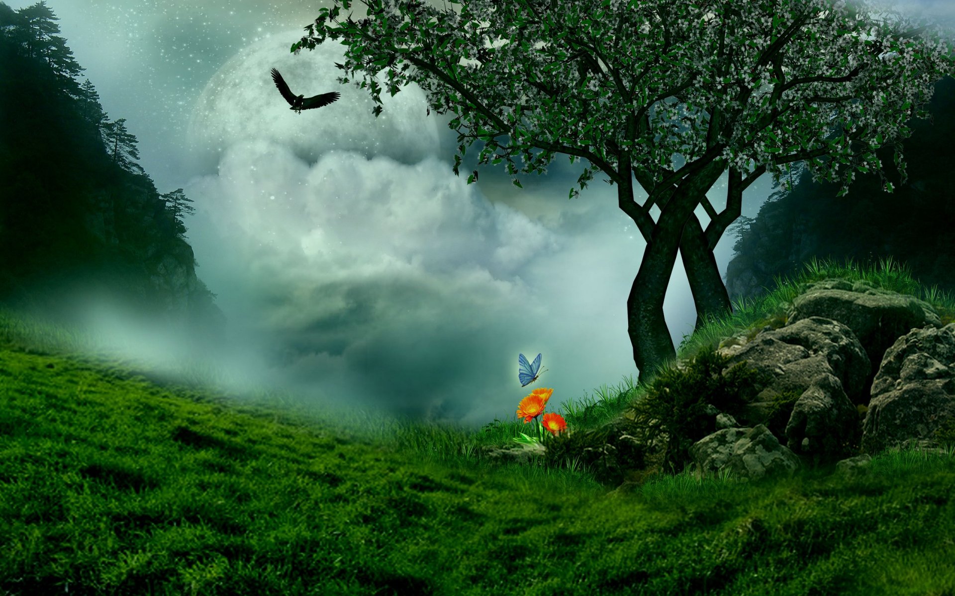 Free download wallpaper Landscape, Fantasy, Moon, Flower, Bird, Tree, Field, Butterfly, Cloud on your PC desktop