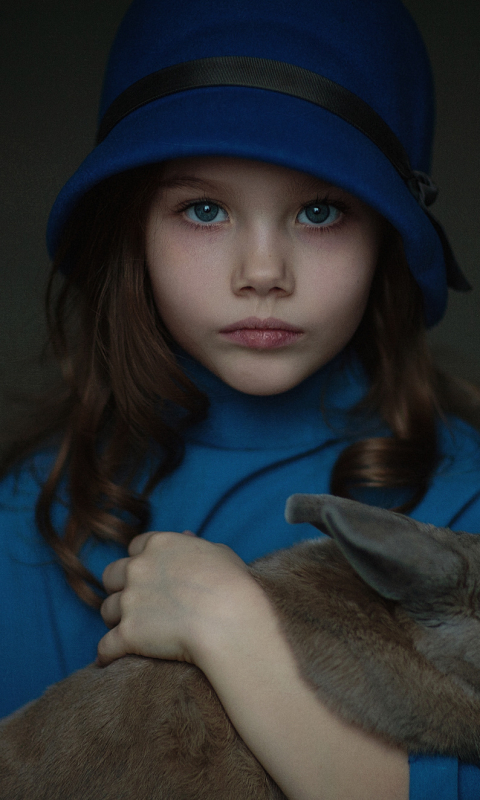 Download mobile wallpaper Child, Rabbit, Hat, Brunette, Photography, Blue Eyes for free.