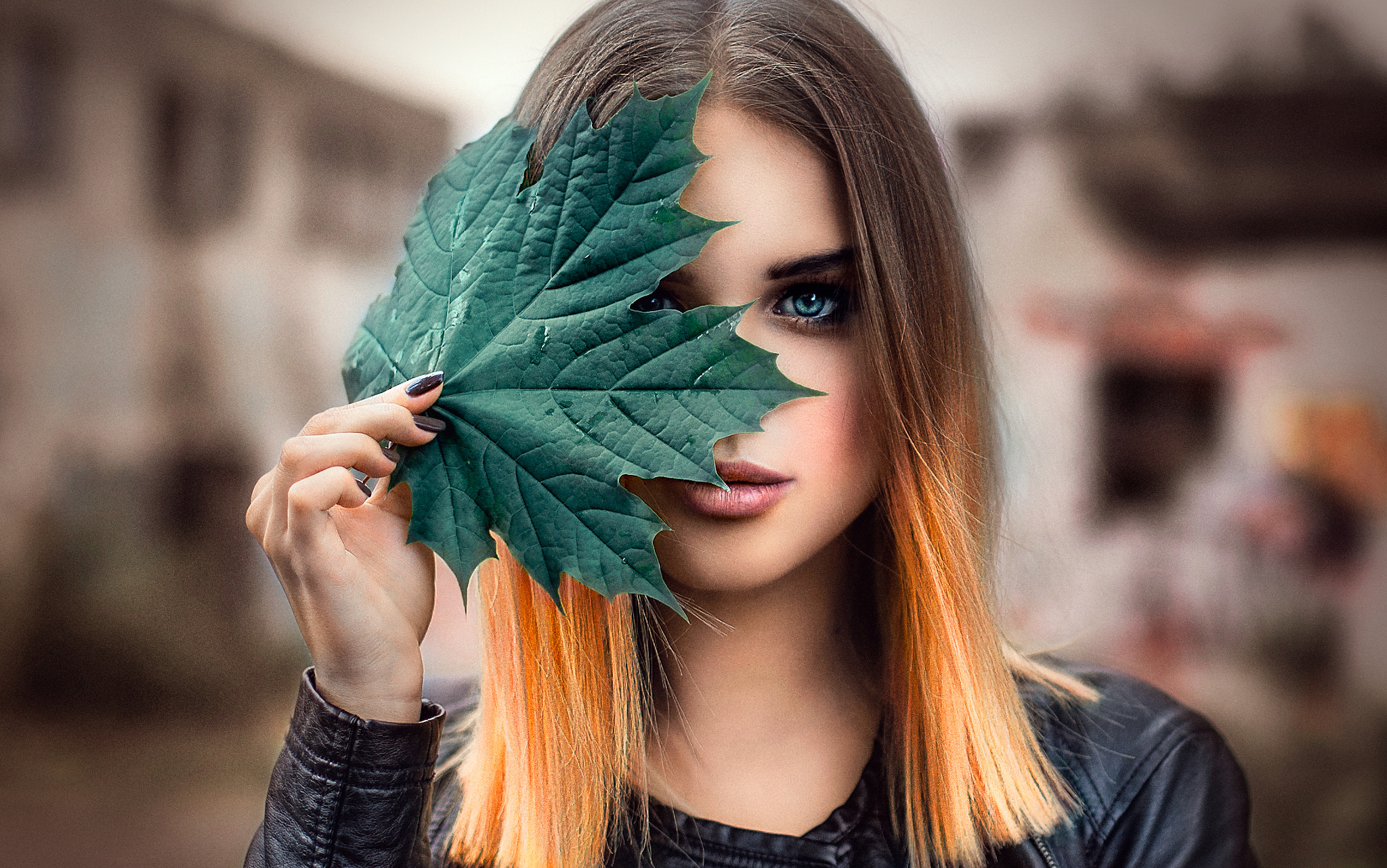 Download mobile wallpaper Leaf, Face, Brunette, Model, Women, Depth Of Field for free.