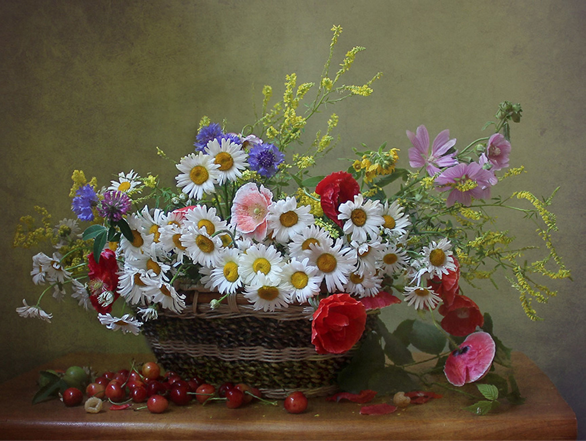 Download mobile wallpaper Grapes, Still Life, Flower, Basket, Daisy, Photography, White Flower for free.