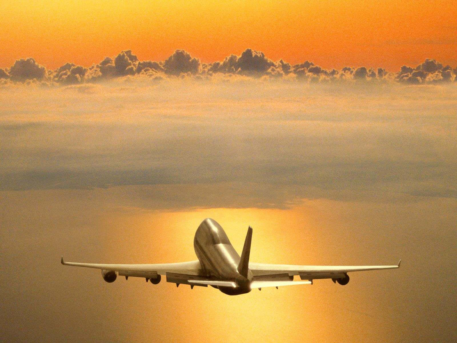 airplane, vehicles, aircraft, cloud, jet, orange (color), silver, sky, yellow