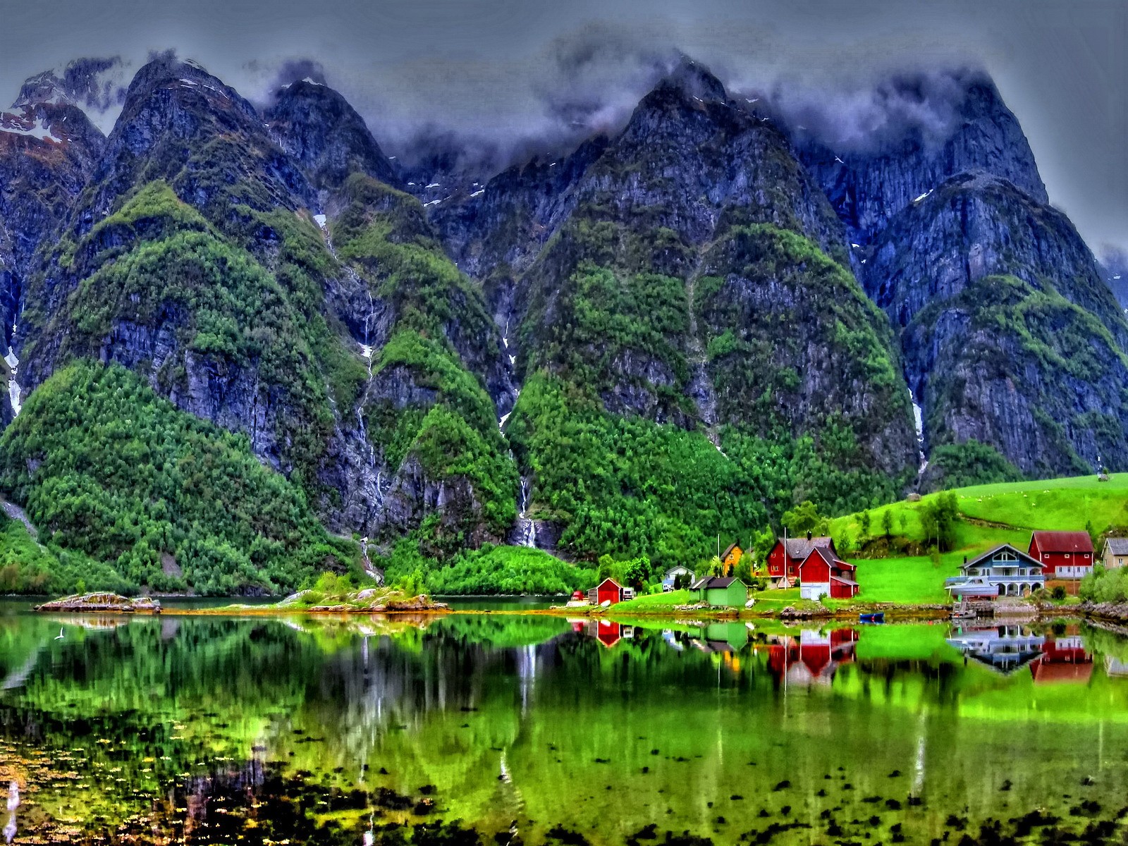 Free download wallpaper Mountain, Lake, Reflection, Forest, House, Village, Man Made on your PC desktop