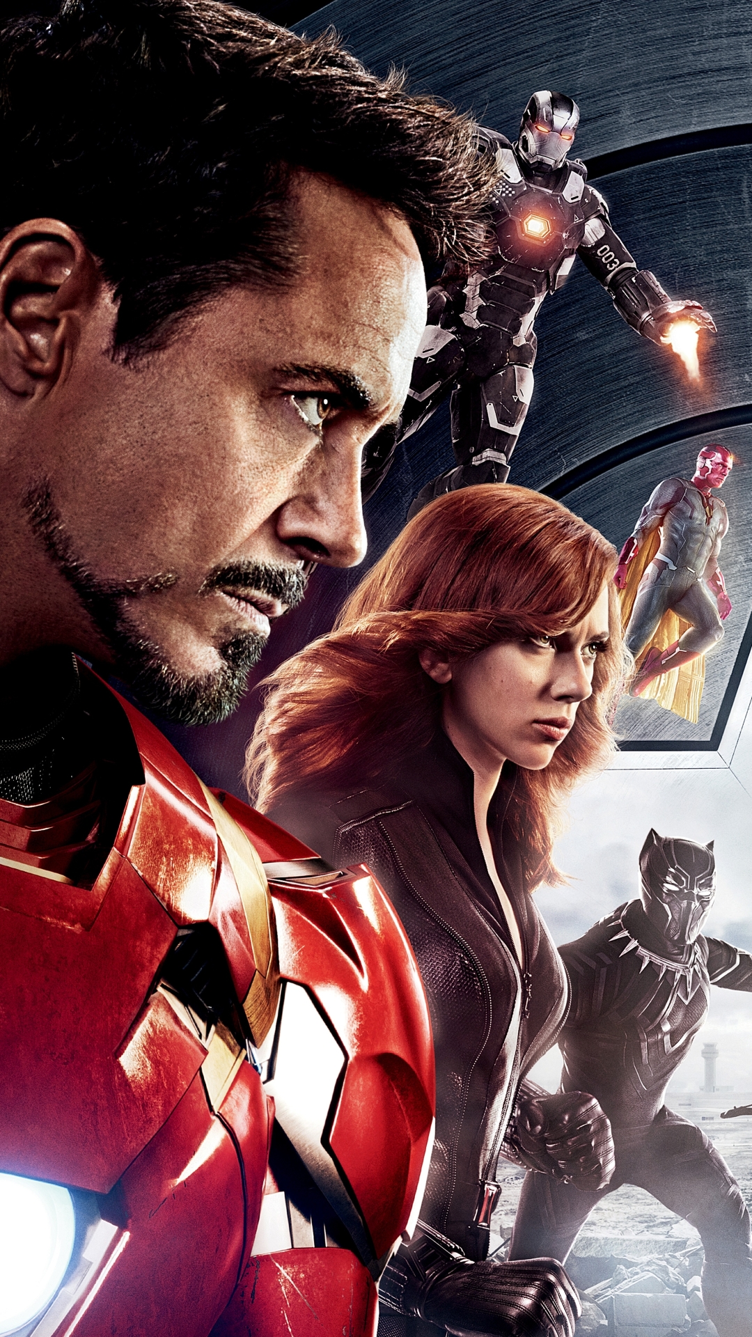 Download mobile wallpaper Scarlett Johansson, Iron Man, Captain America, Robert Downey Jr, Movie, Black Widow, War Machine, Don Cheadle, Captain America: Civil War for free.