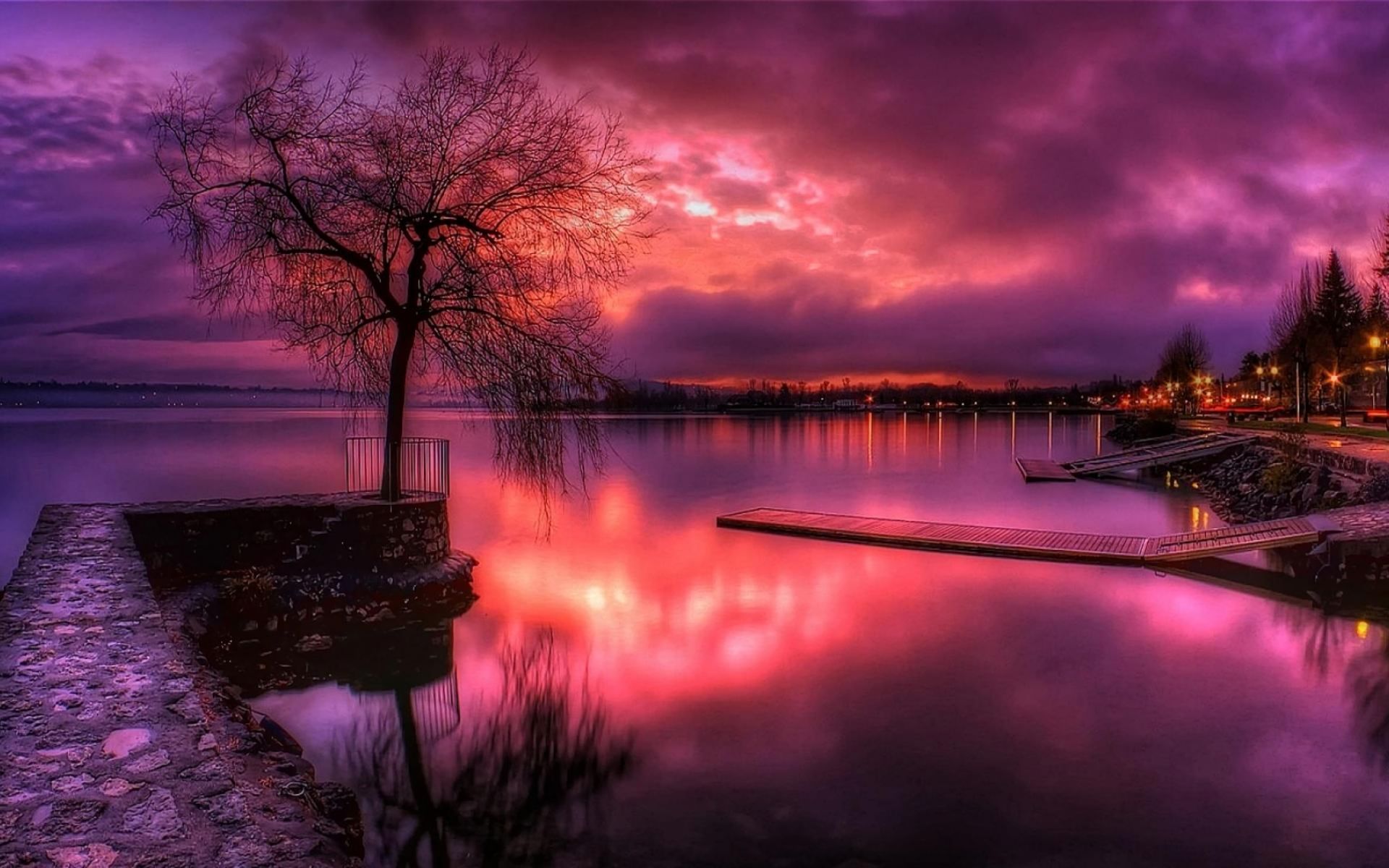 Download mobile wallpaper Sunset, Lake, Tree, Purple, Photography, Town for free.