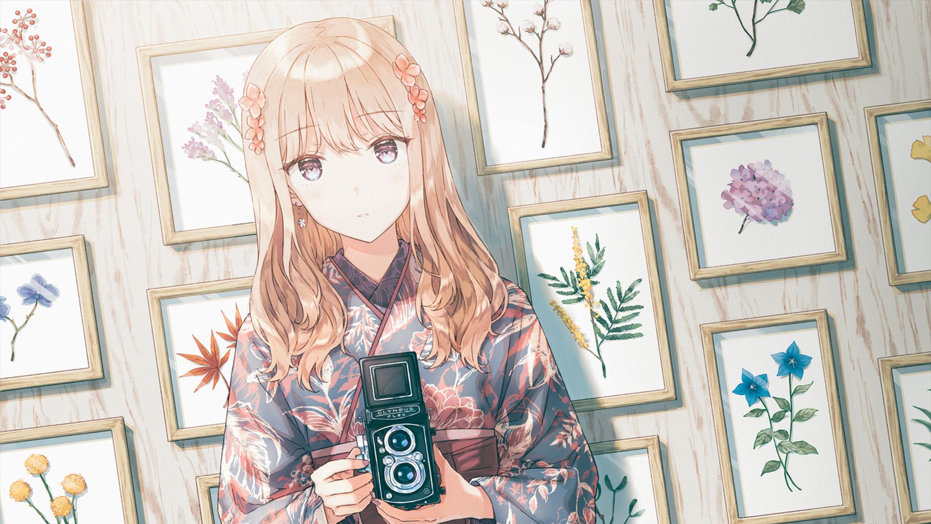Baixar papel de parede para celular de Anime, Flor, Câmera, Original, Cabelo Longo, Cabelo Loiro, Olhos Cinzentos, Yukata gratuito.