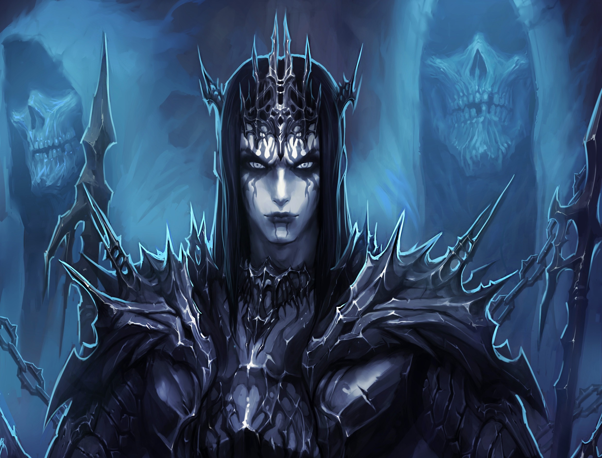demon, skull, fantasy, armor, blue, dark, evil, spikes