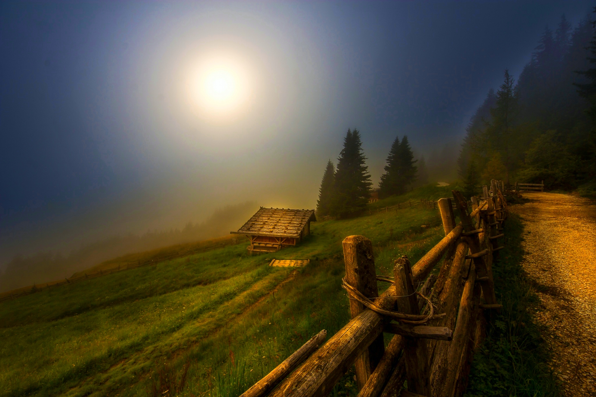 Download mobile wallpaper Night, Moon, Fog, Shed, Man Made, Dirt Road for free.