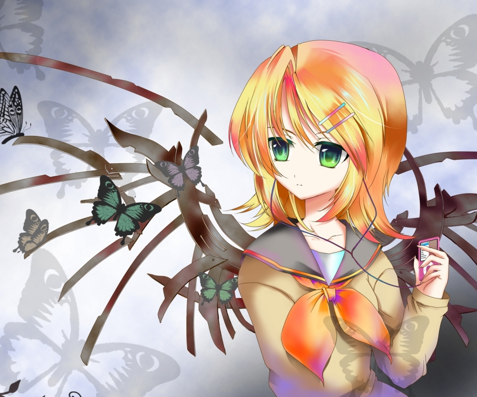 anime, vocaloid, butterfly, ipod, flower, wings, blonde, headphones, green eyes, rin kagamine