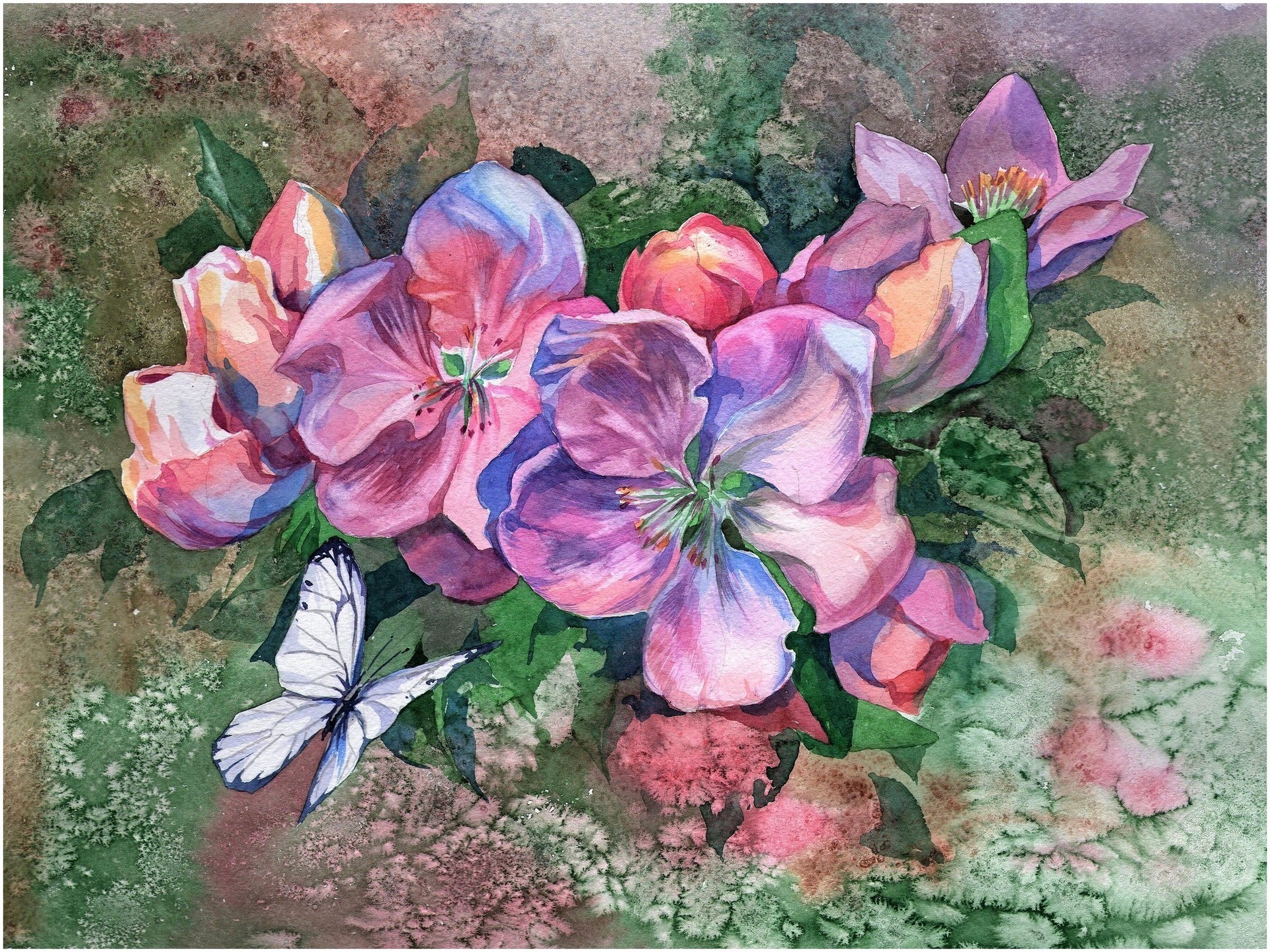 Laden Sie das Schmetterlinge, Blume, Bunt, Malerei, Künstlerisch, Wasserfarbe-Bild kostenlos auf Ihren PC-Desktop herunter