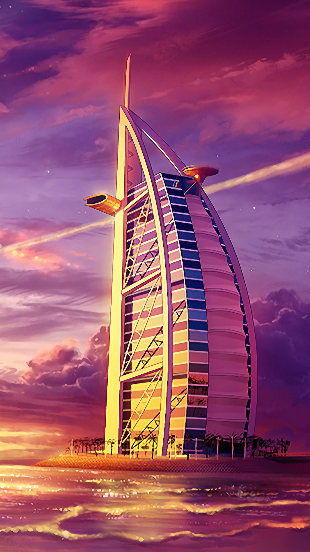 Скачать картинку Закат, Здание, Строительство, Бурдж Аль Араб, Сделано Человеком, Закат Солнца в телефон бесплатно.