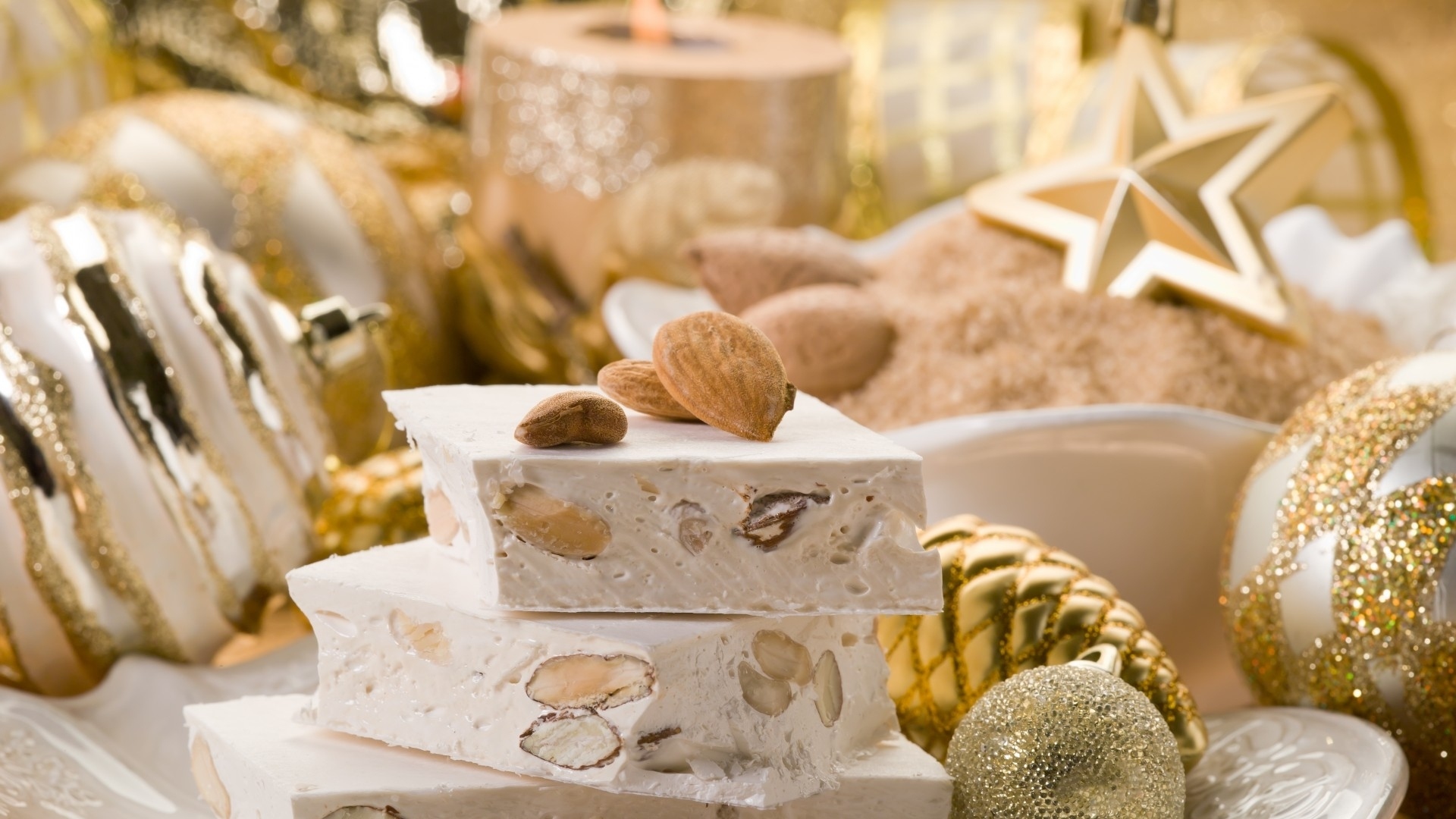 food, almond, christmas, decoration, golden, nougat, star, sweets