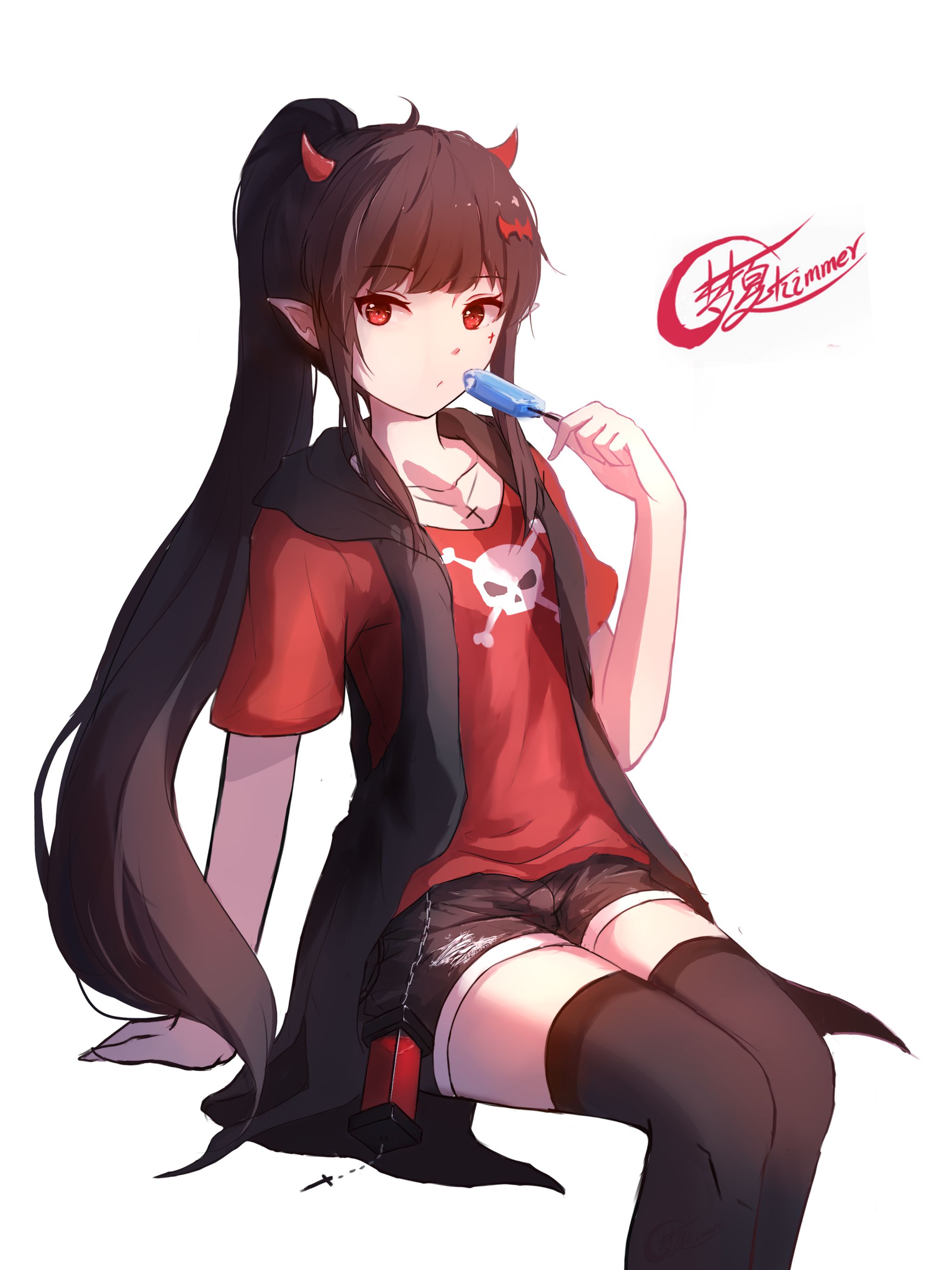 Download mobile wallpaper Anime, Ice Cream, Girl, Shorts, Red Eyes, Black Hair, Long Hair, Ponytail for free.