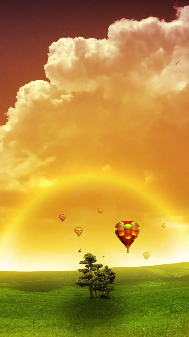 Download mobile wallpaper Fantasy, Tree, Field, Artistic, Surreal, Hot Air Balloon for free.
