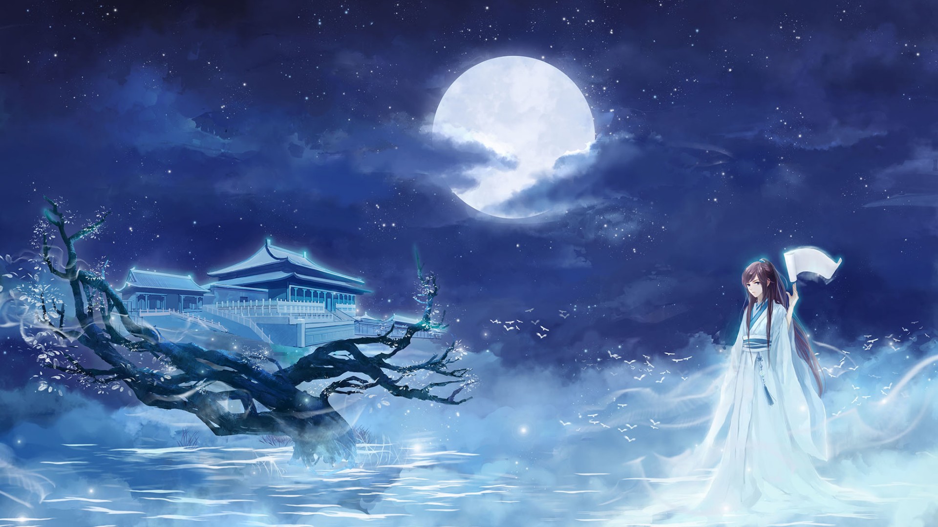 anime, girl, blue, full moon, moon