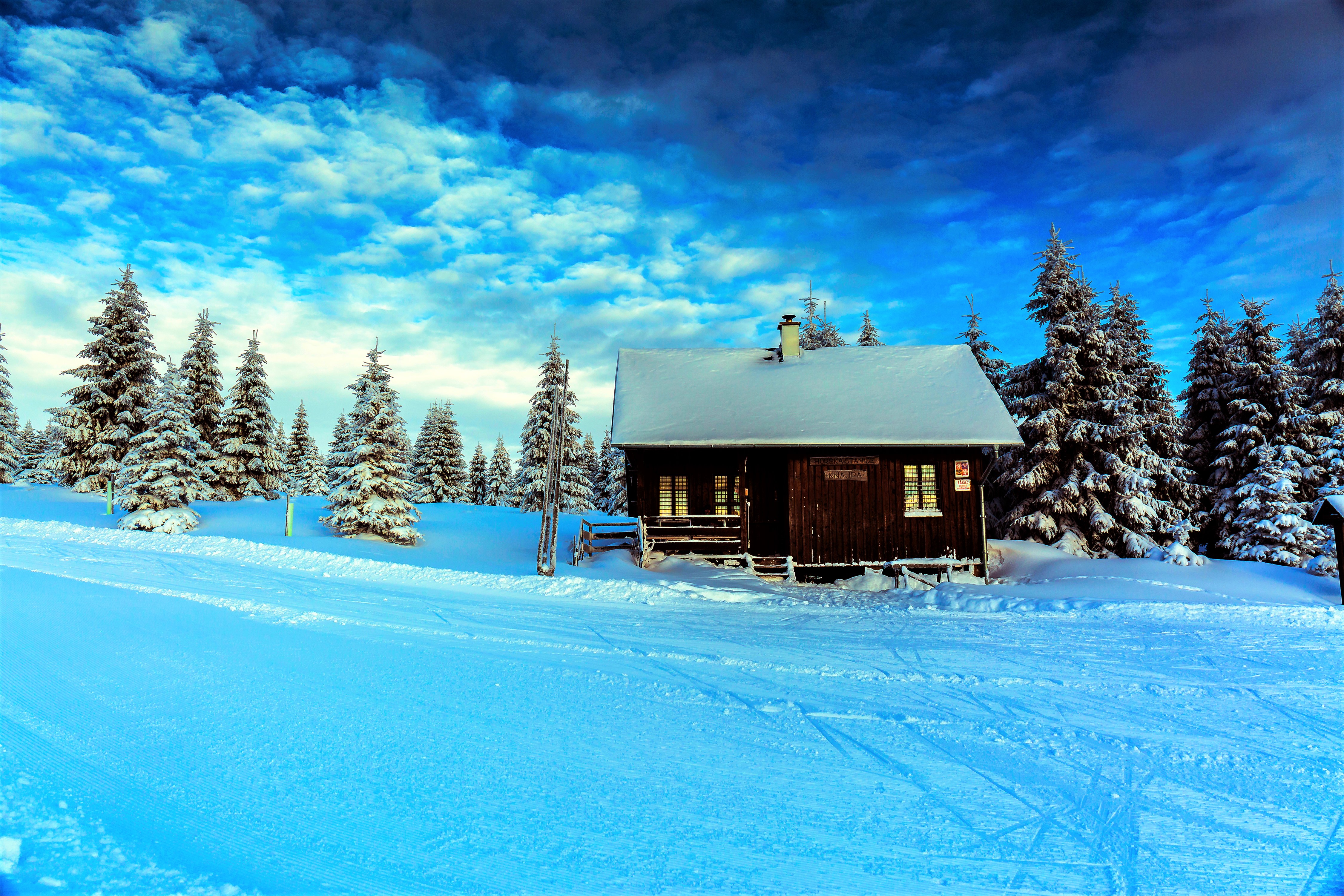 Download mobile wallpaper Winter, Snow, Forest, Tree, House, Cabin, Man Made for free.