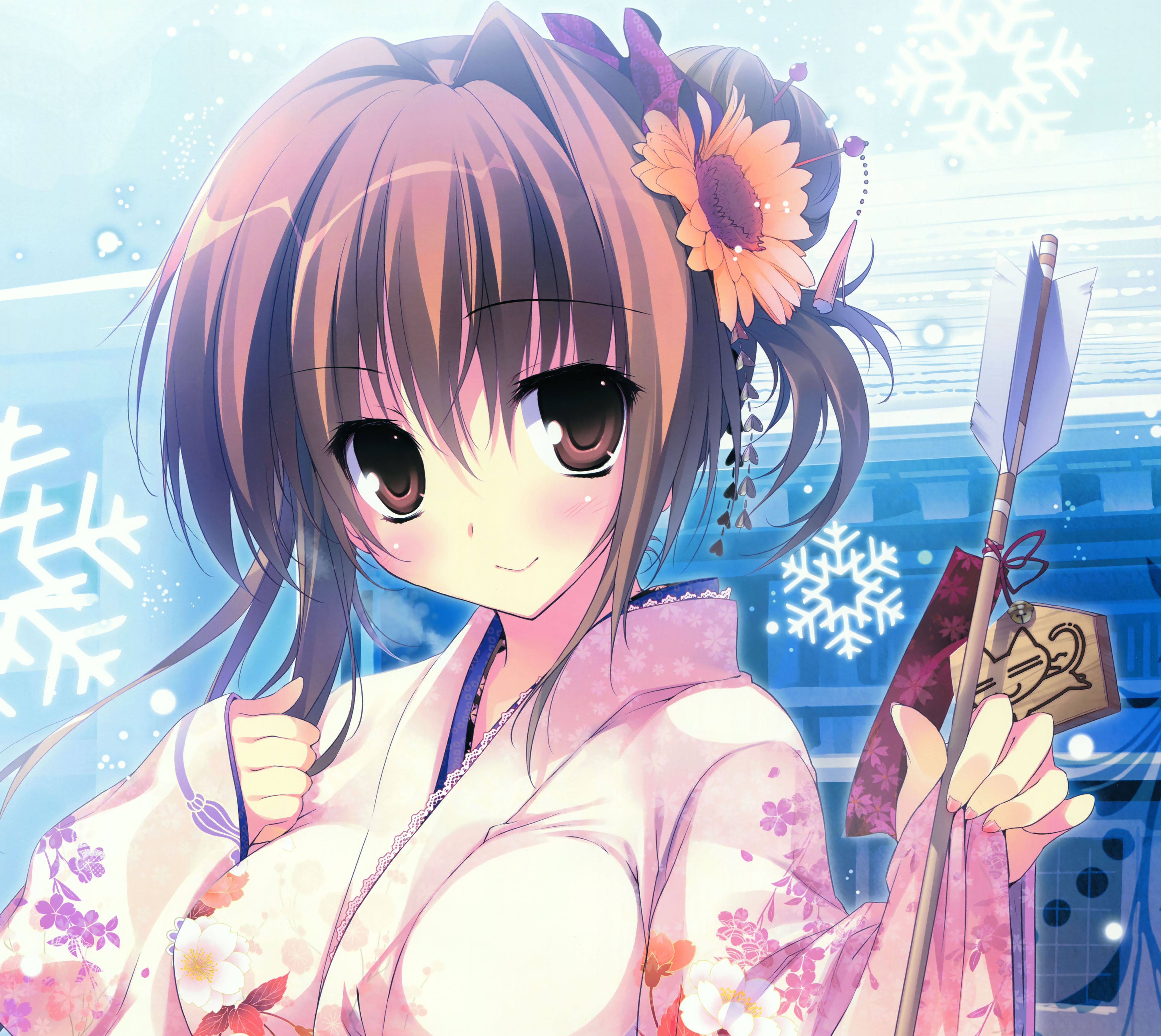 Laden Sie das Schnee, Pfeil, Blume, Lächeln, Original, Erröten, Braune Augen, Animes, Braune Haare, Kurzes Haar-Bild kostenlos auf Ihren PC-Desktop herunter