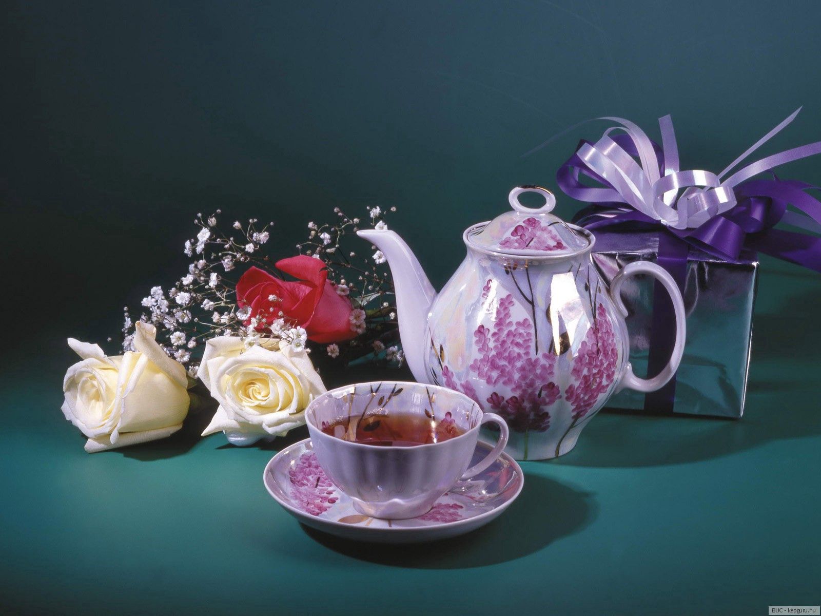 roses, food, cup, present, gift, tea, teapot, kettle Full HD