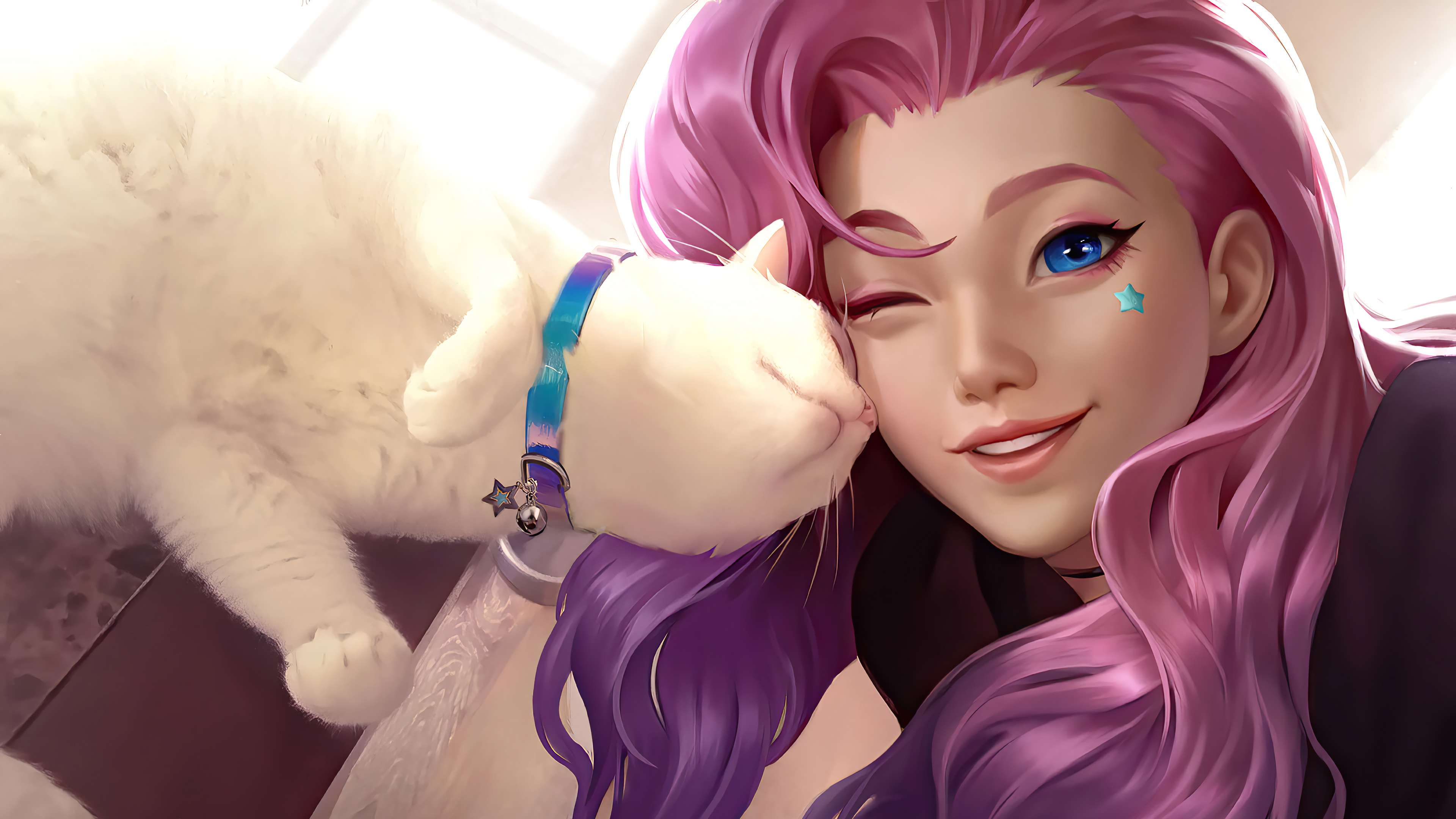 seraphine (league of legends), video game, league of legends, blue eyes, cat, pink hair