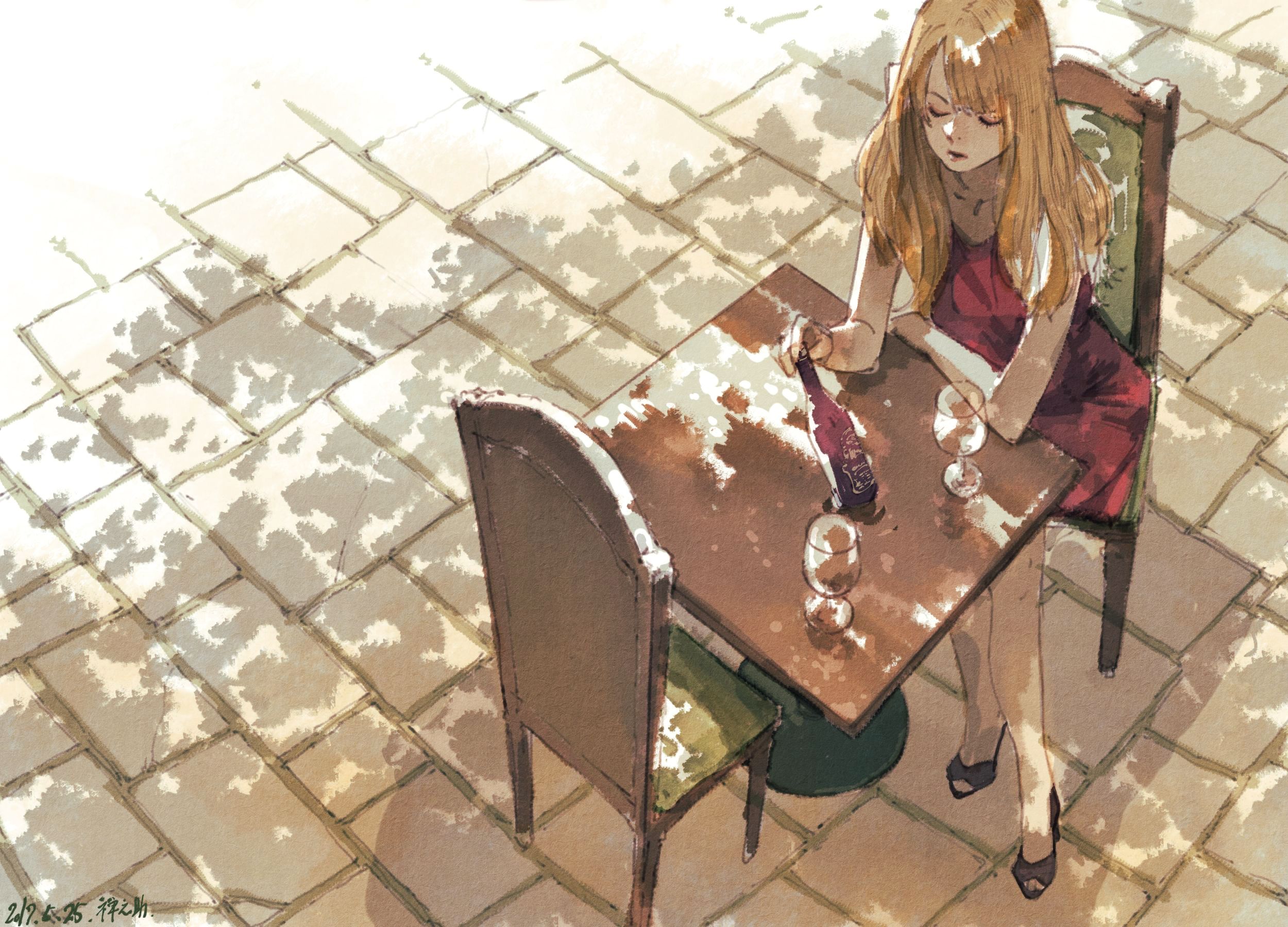 anime, original, blonde, chair, glass, long hair, terrace, wine