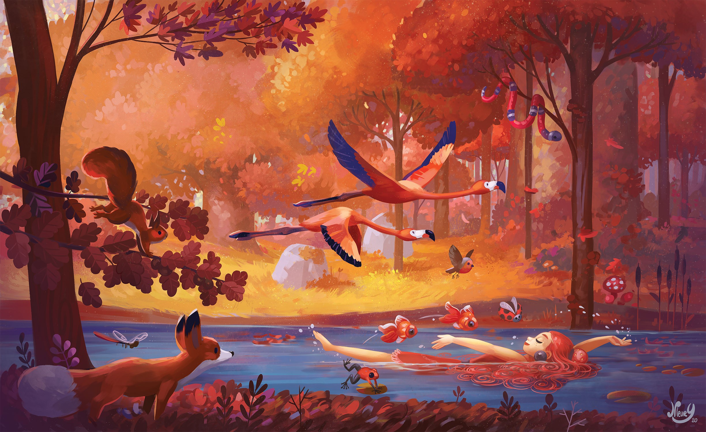Download mobile wallpaper Nature, Fantasy, Flamingo, Fox, Forest, Fish, Women, Red Hair for free.