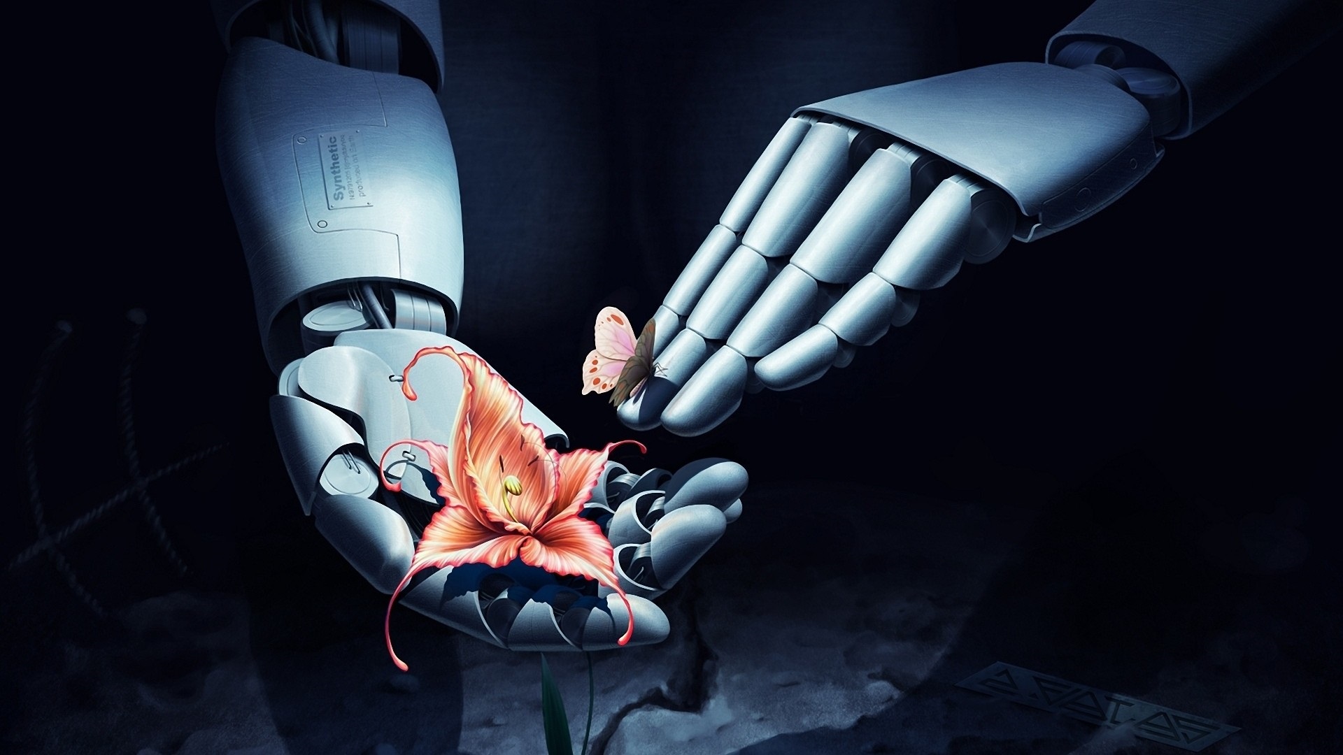 Скачать обои бесплатно Цветок, Бабочка, Робот, Научная Фантастика картинка на рабочий стол ПК
