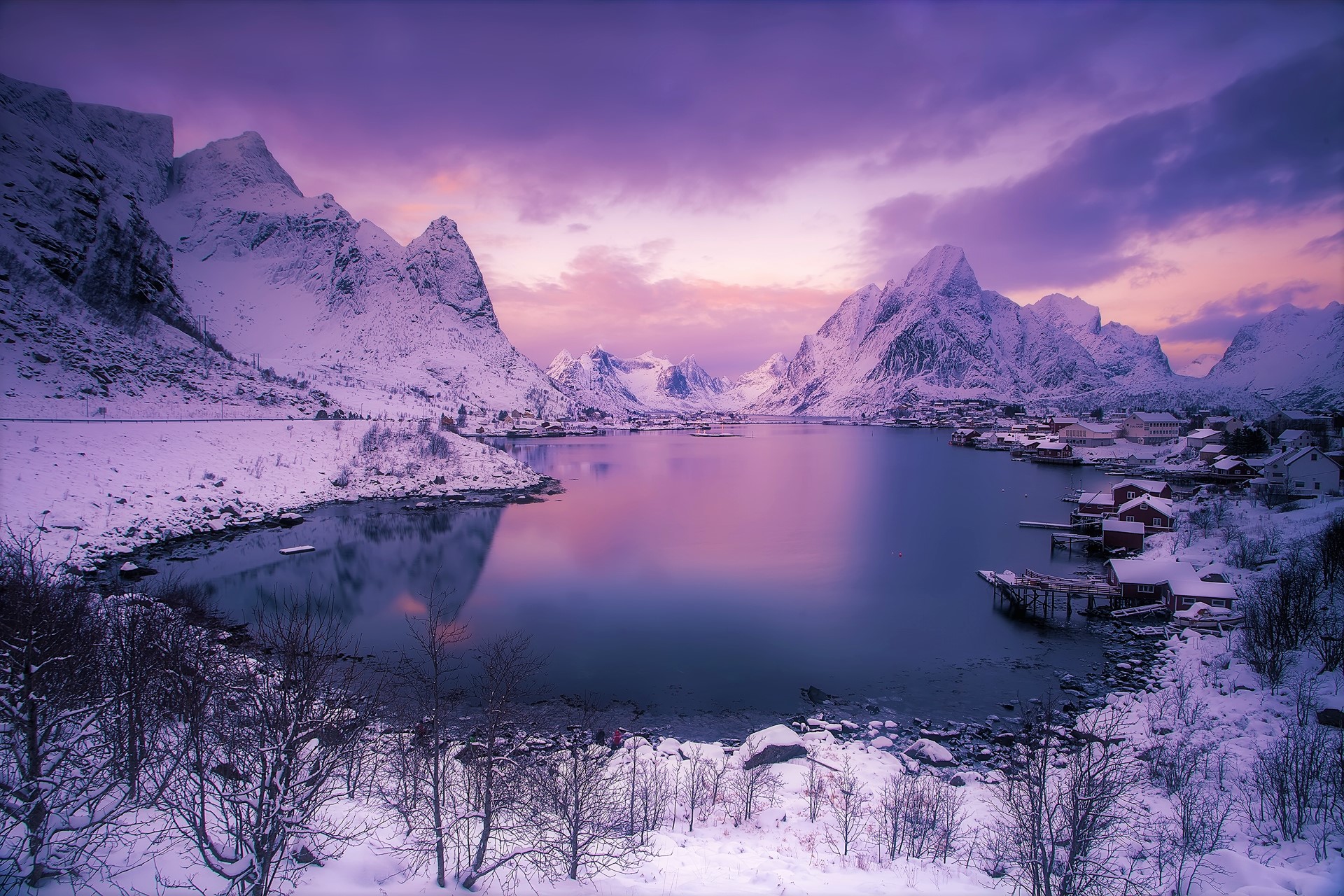 Download mobile wallpaper Winter, Sunset, Snow, Mountain, Lake, Earth, Dusk, Cloud, Photography, Lofoten, Reine for free.